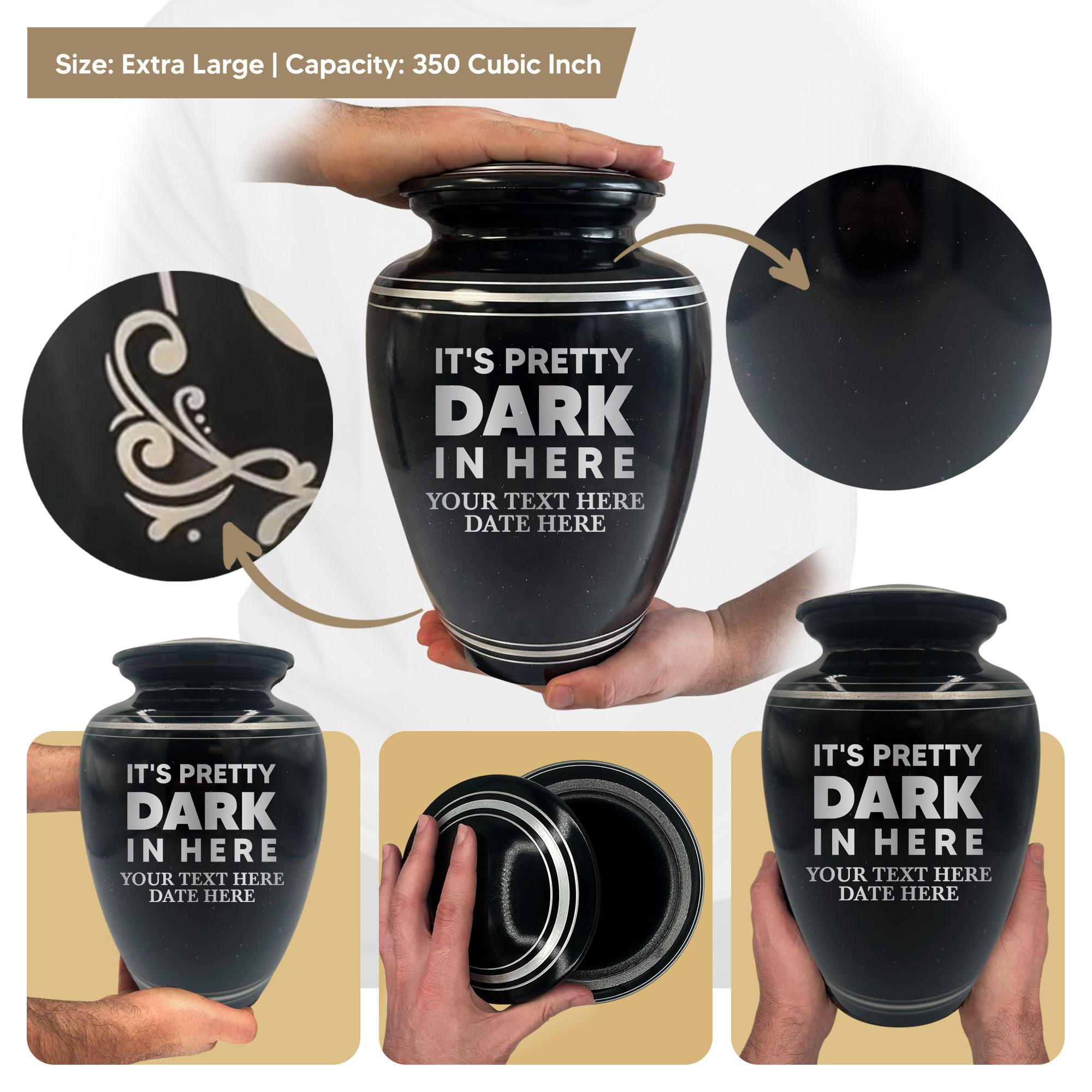 Extra Large Human Cremation Urn - 350 Cubic Inch - Black Spotted Finish with Silver Rim | Just Funny Memorial Collection