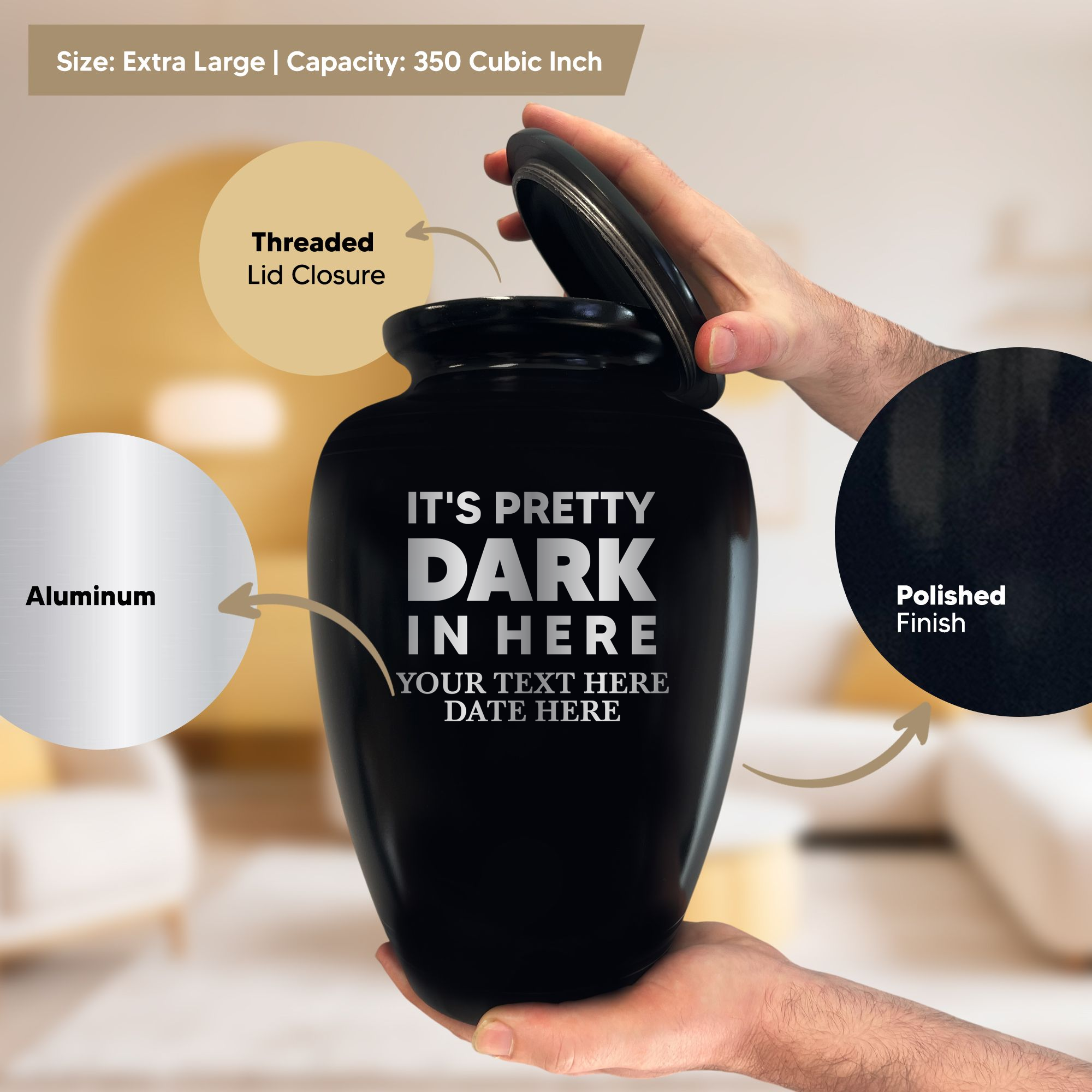 Polished Extra Large Human Cremation Urn 350 Cubic Inch - Engraved Aluminum | Just Funny Memorial Collection