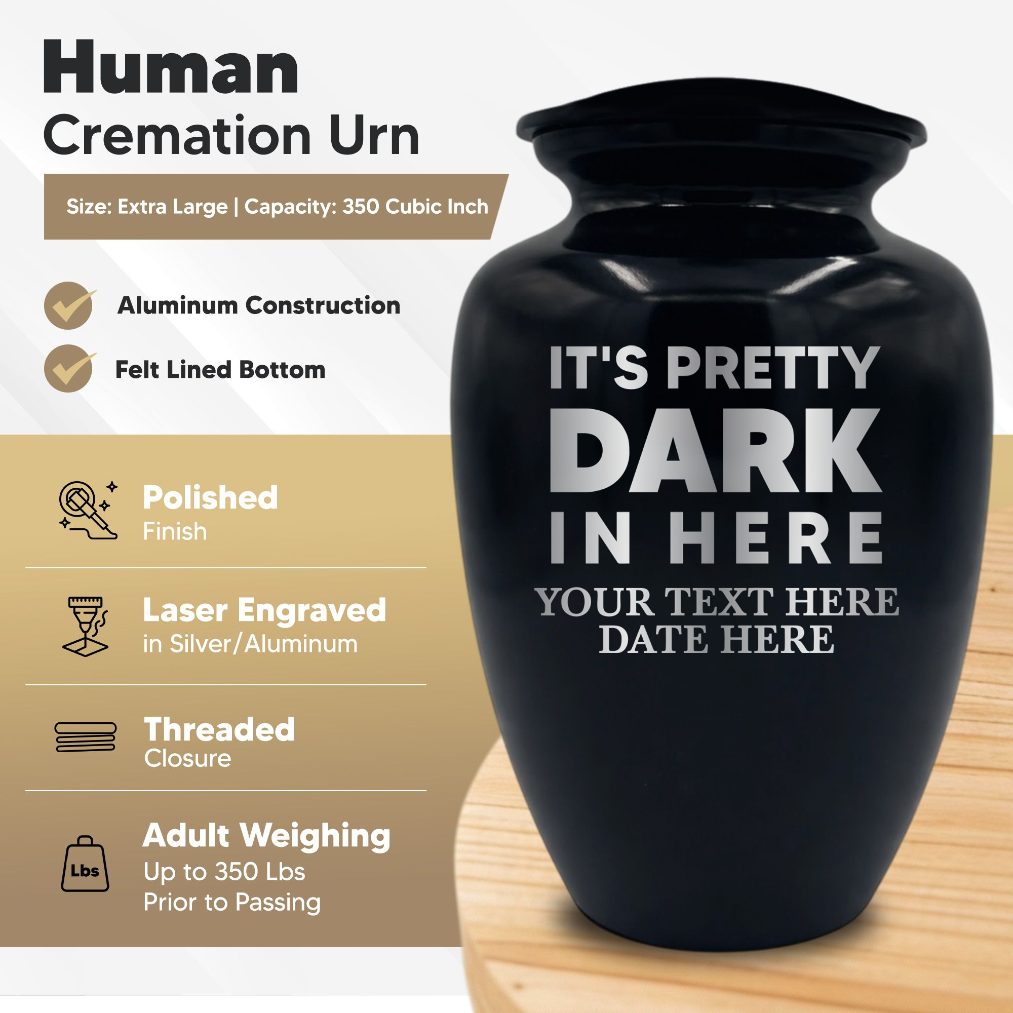Polished Extra Large Human Cremation Urn 350 Cubic Inch - Engraved Aluminum | Just Funny Memorial Collection