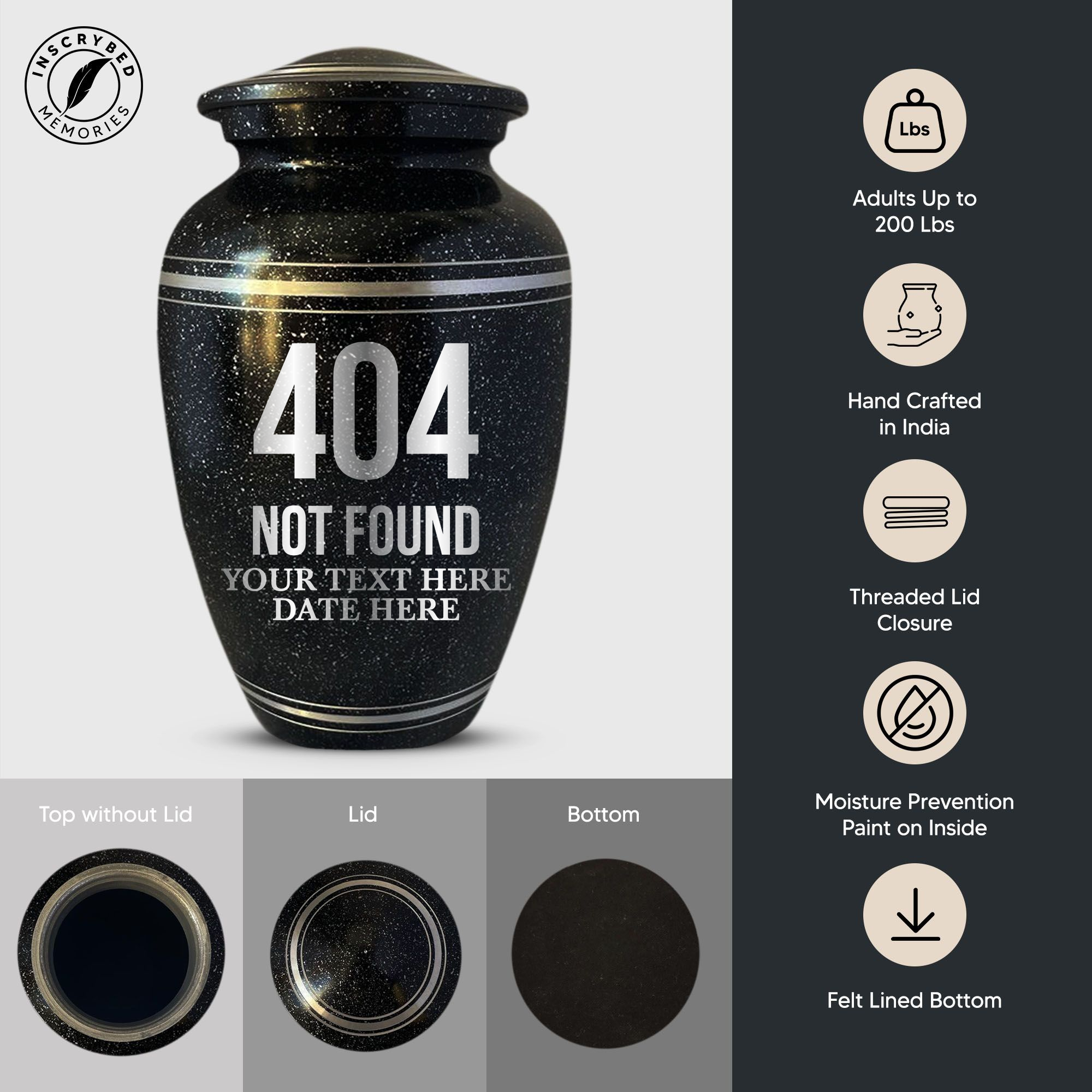 Spotted Black Aluminum with Silver Rim Human Cremation Urn - 200 Cubic Inch | Tech Humor