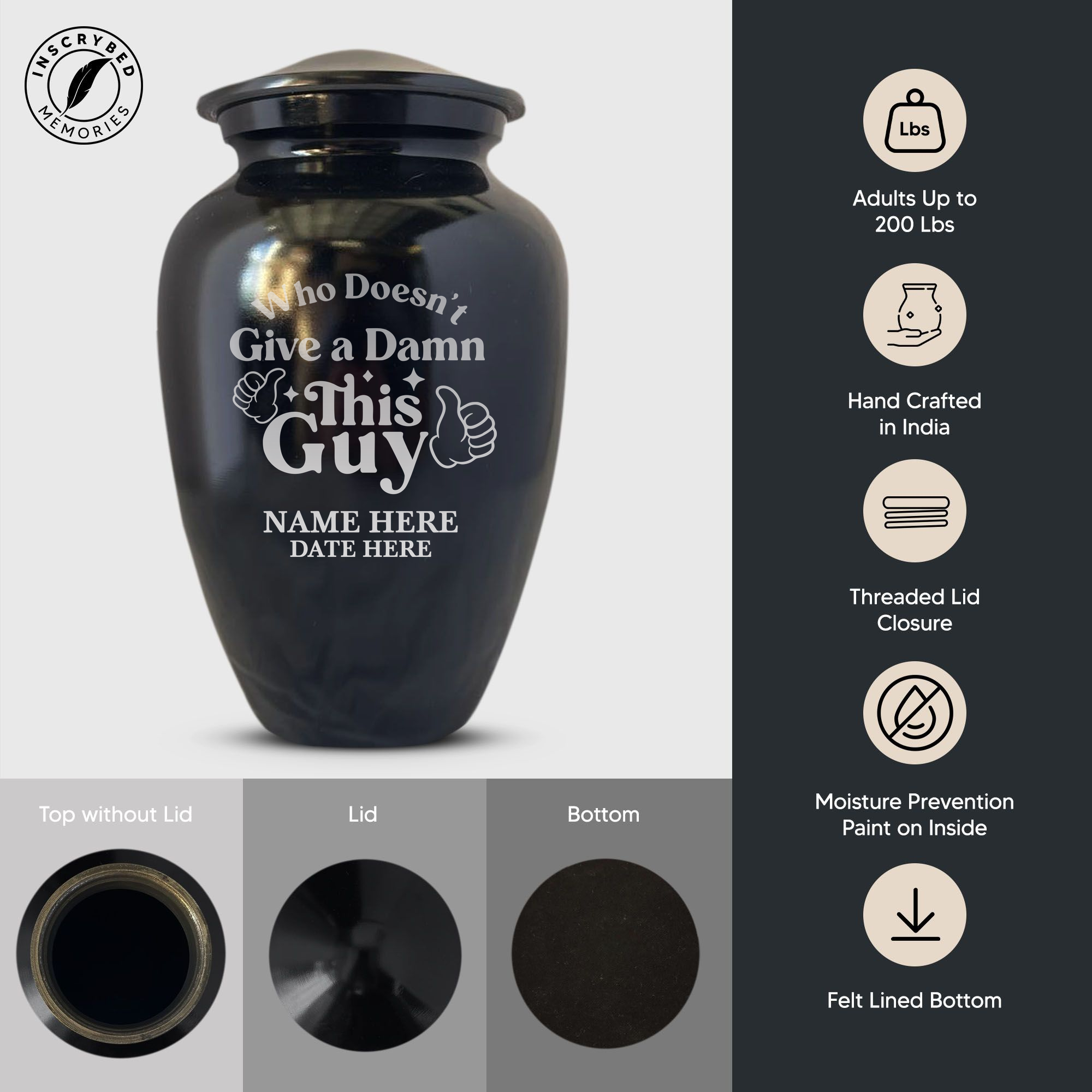 Polished Black Aluminum Human Cremation Urn - 200 Cubic Inch | Dark Humor Collection