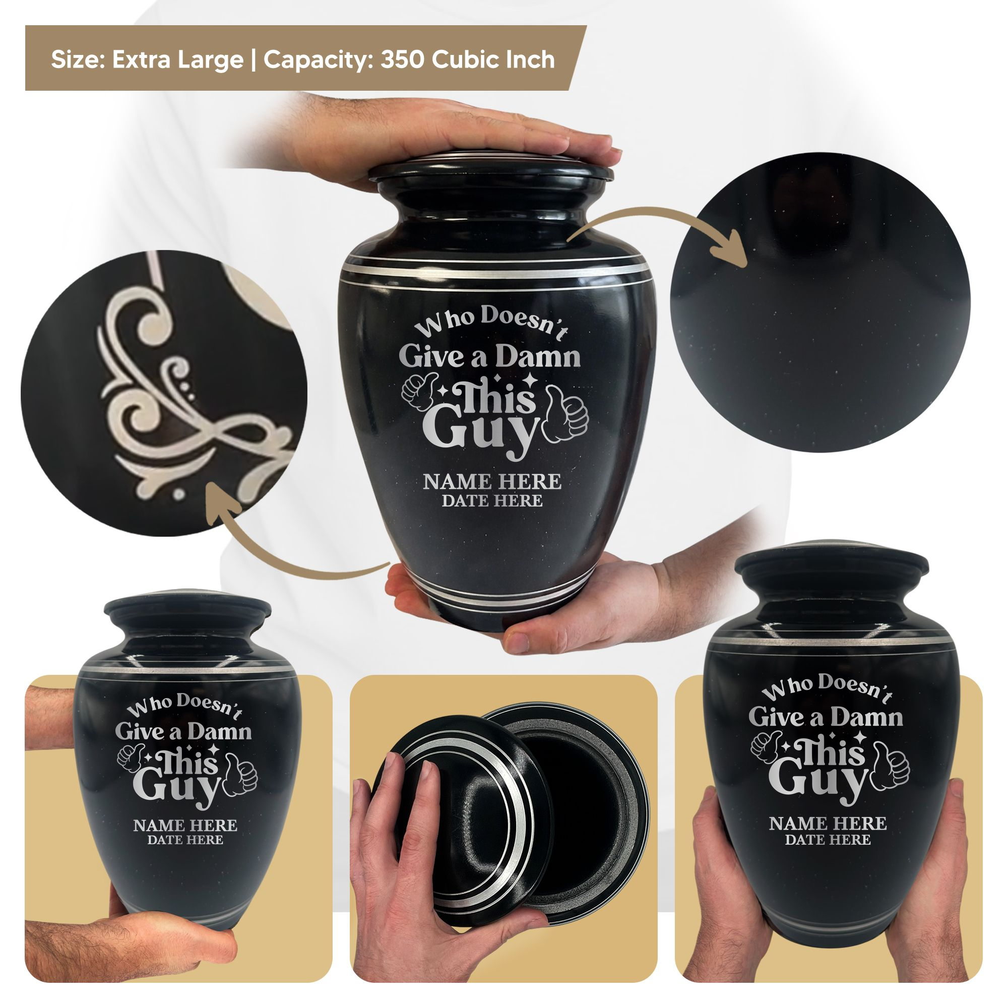 Extra Large Human Cremation Urn - 350 Cubic Inch - Black Spotted Finish with Silver Rim | Dark Humor Collection