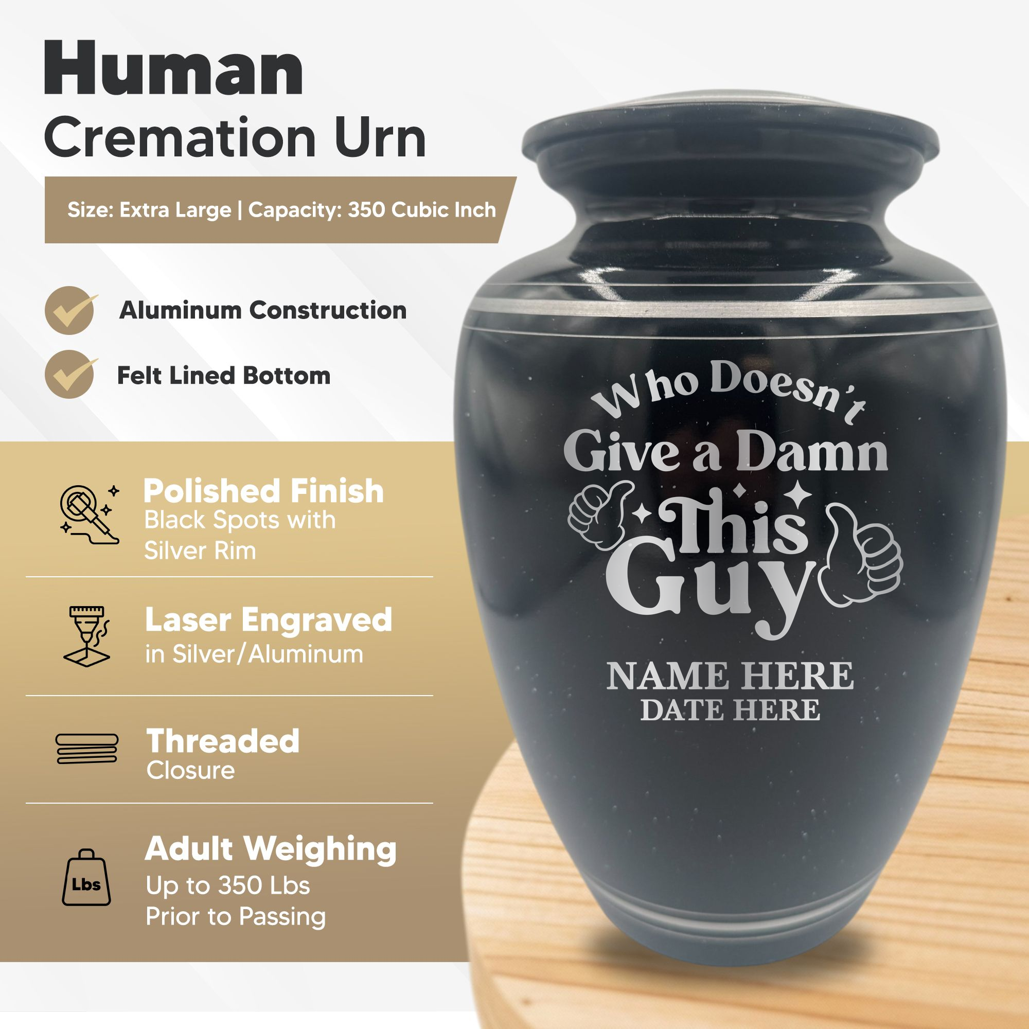 Extra Large Human Cremation Urn - 350 Cubic Inch - Black Spotted Finish with Silver Rim | Dark Humor Collection