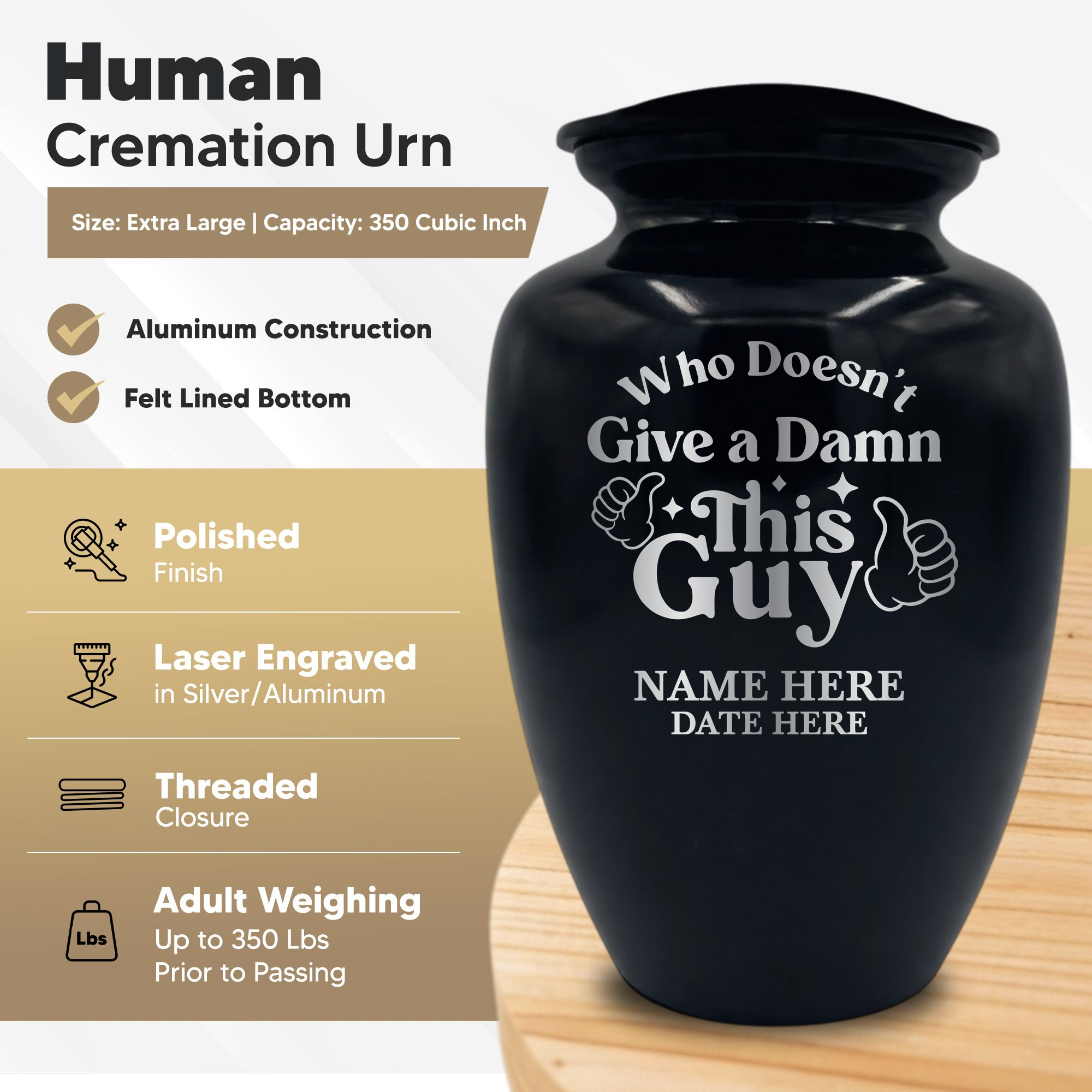 Polished Extra Large Human Cremation Urn 350 Cubic Inch - Engraved Aluminum | Dark Humor Collection