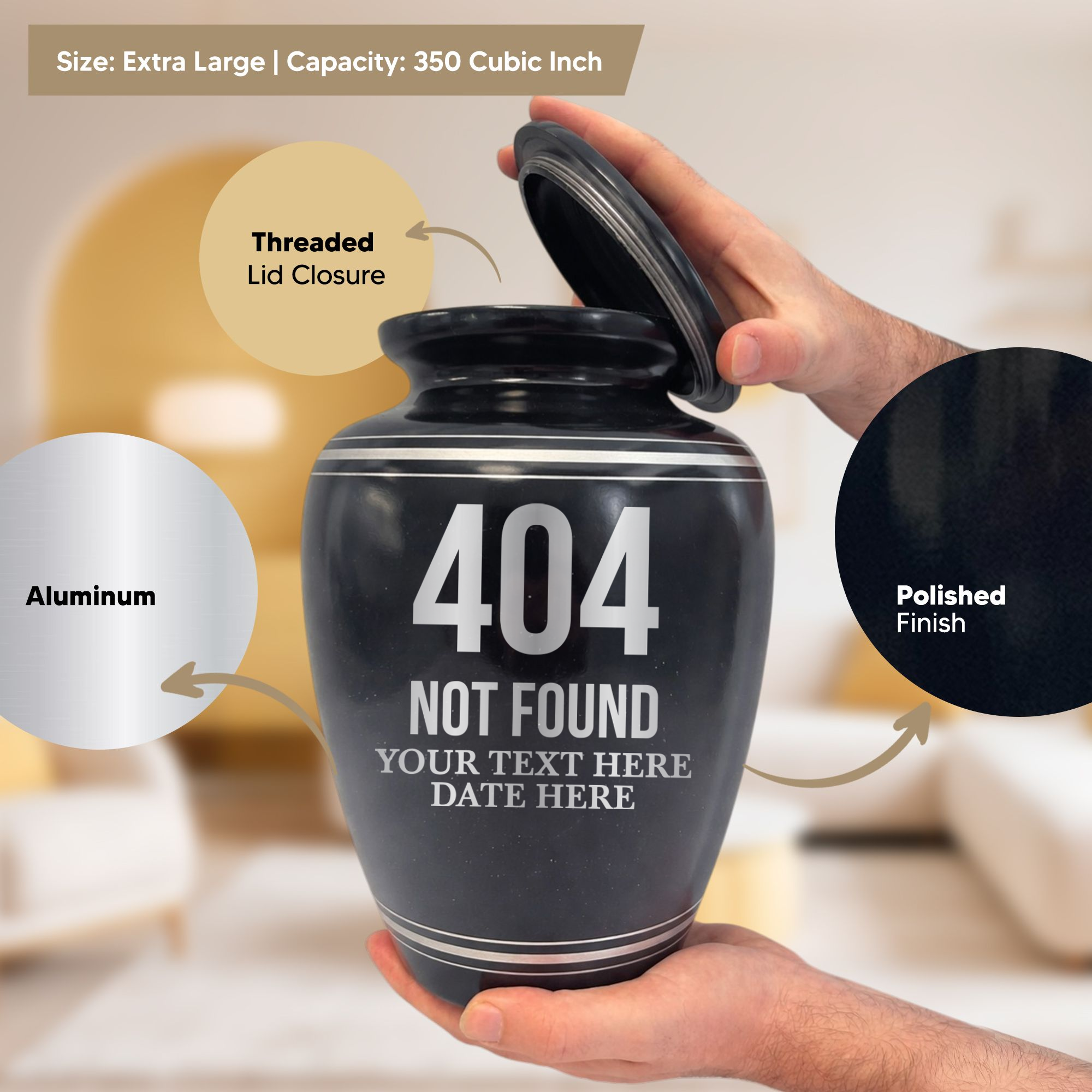 Extra Large Human Cremation Urn - 350 Cubic Inch - Black Spotted Finish with Silver Rim | Tech Humor