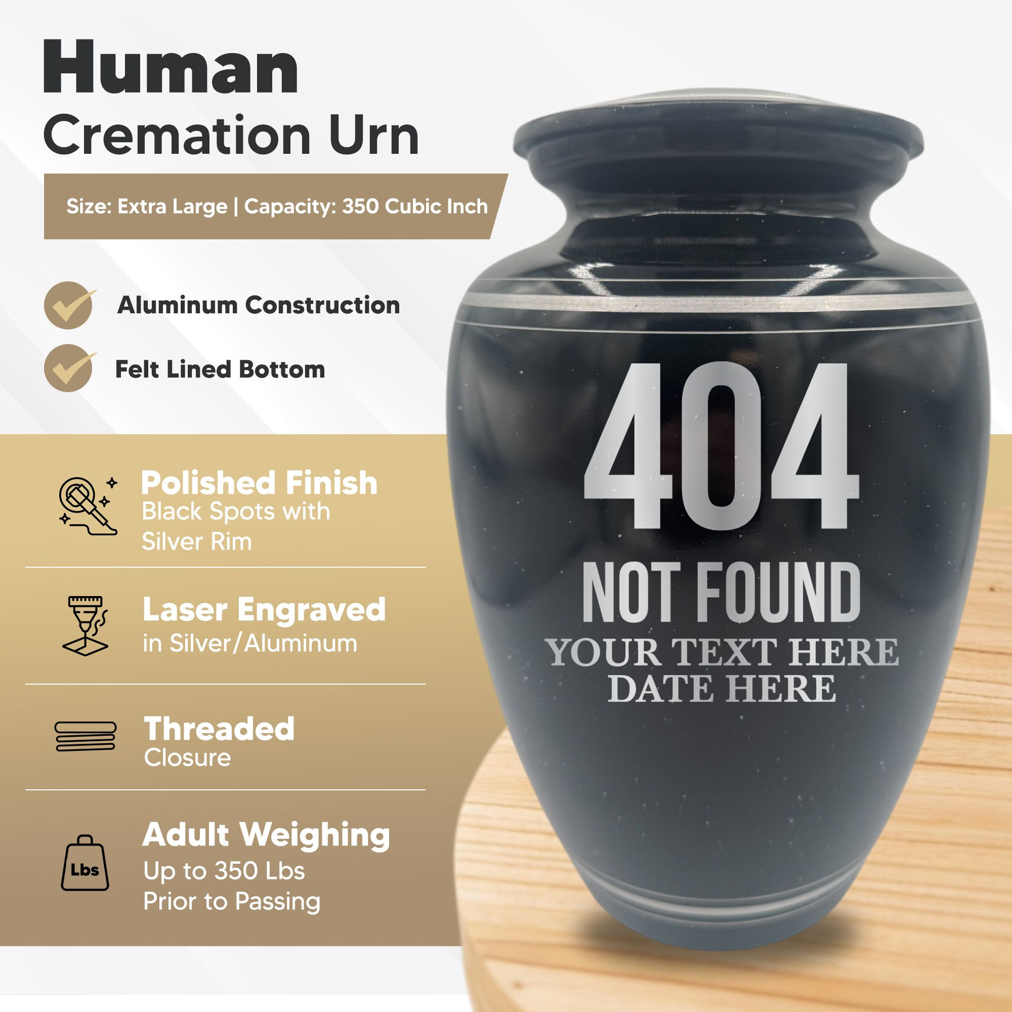Extra Large Human Cremation Urn - 350 Cubic Inch - Black Spotted Finish with Silver Rim | Tech Humor