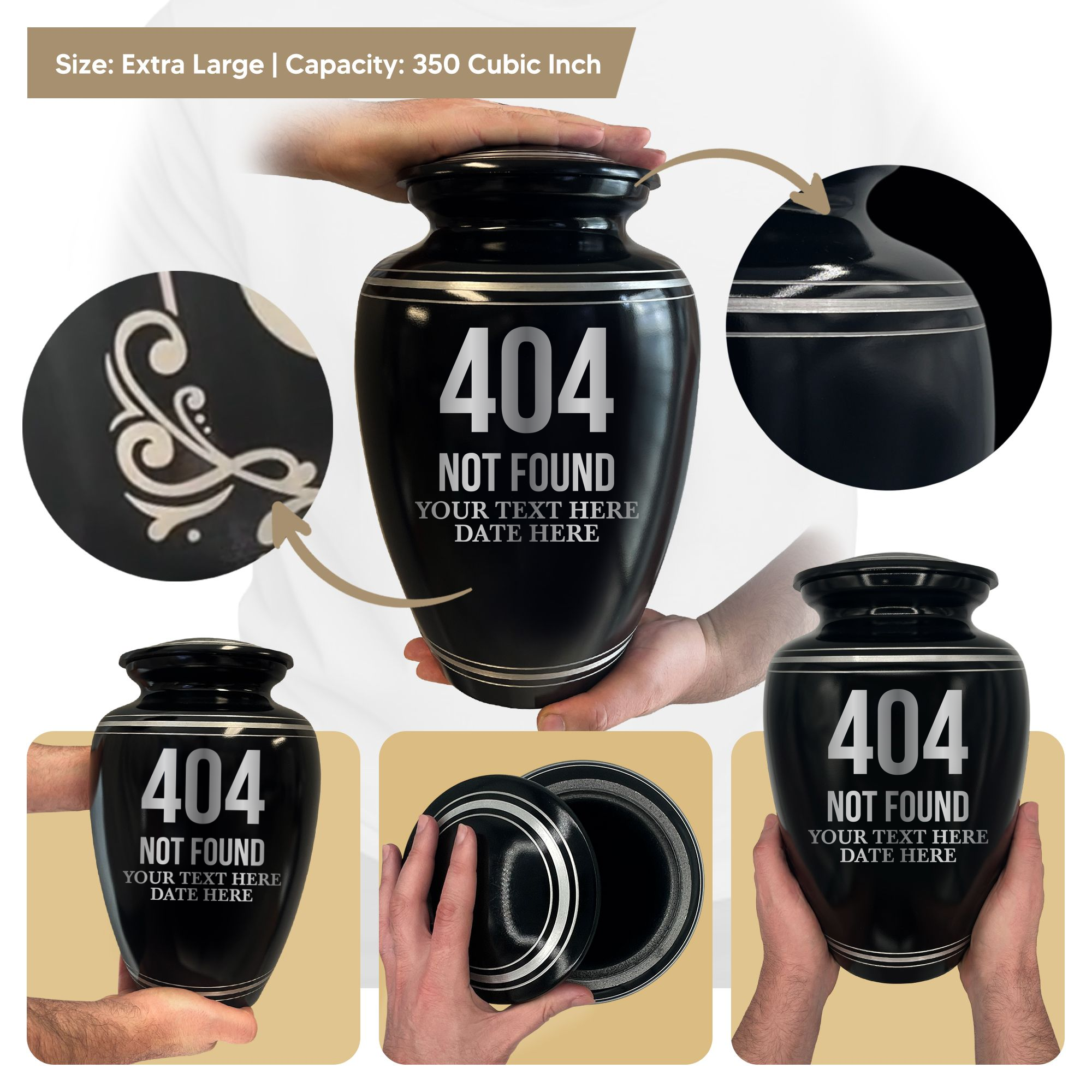 Human Cremation Urn - 350 Cubic Inch Capacity - Black with Silver Rim | Tech Humor