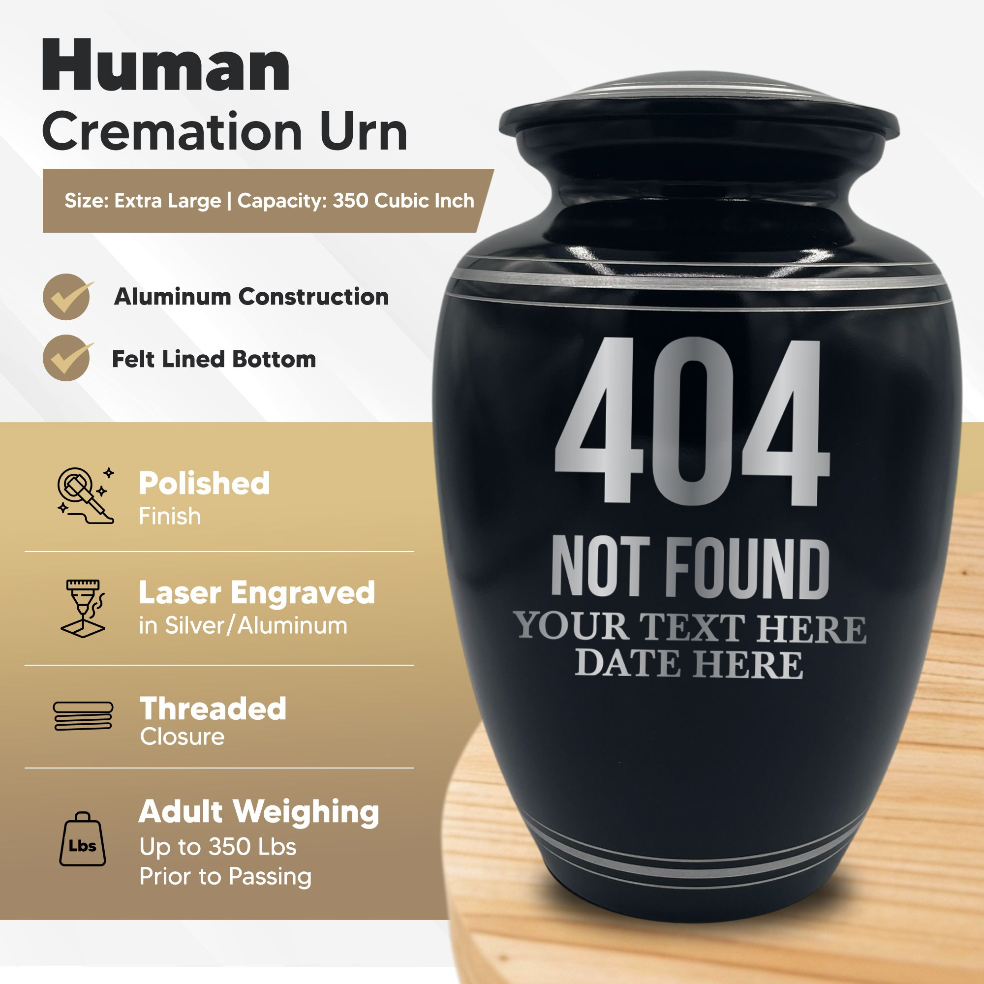 Human Cremation Urn - 350 Cubic Inch Capacity - Black with Silver Rim | Tech Humor
