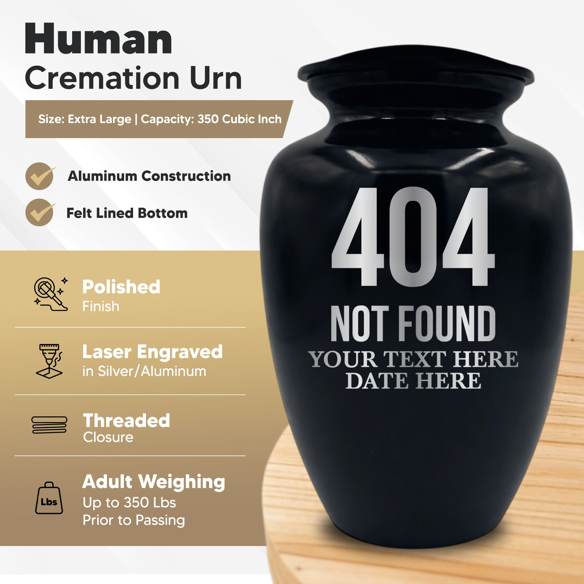 Polished Extra Large Human Cremation Urn 350 Cubic Inch - Engraved Aluminum | Tech Humor
