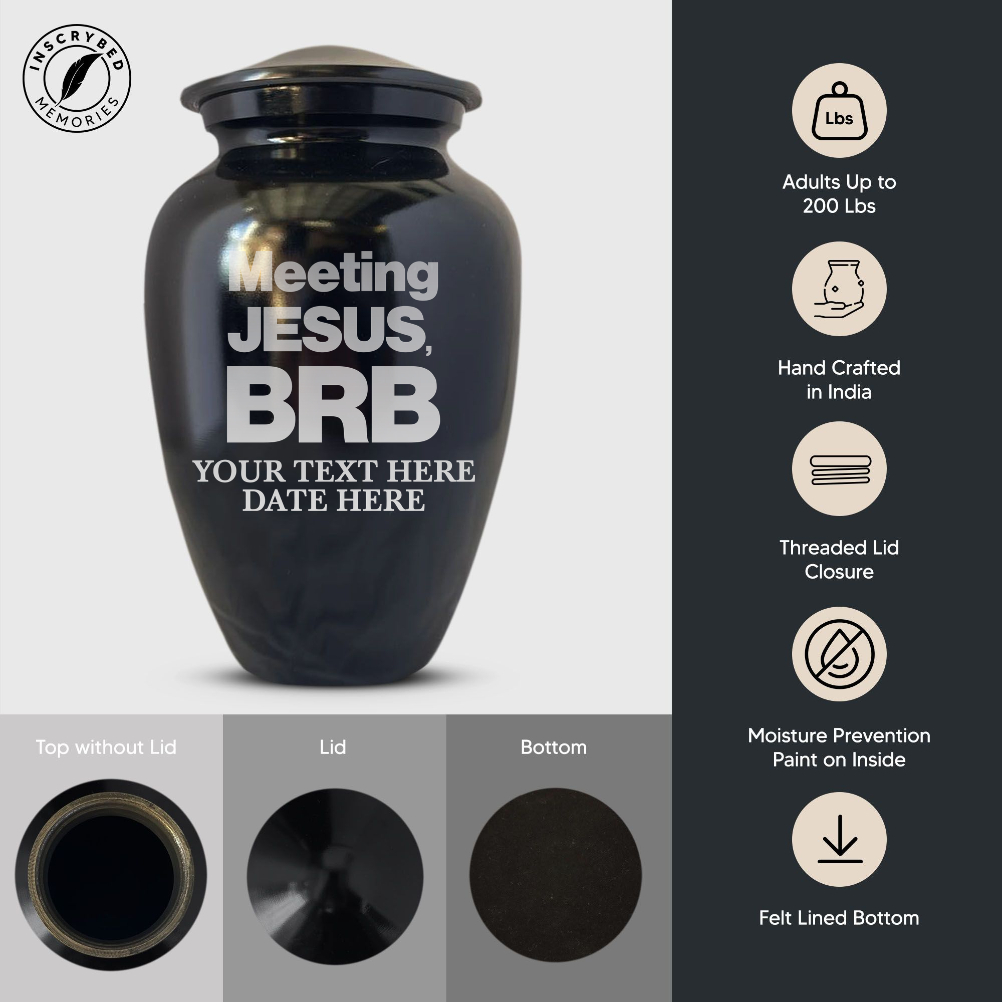 Polished Black Aluminum Human Cremation Urn - 200 Cubic Inch | Christian Humor