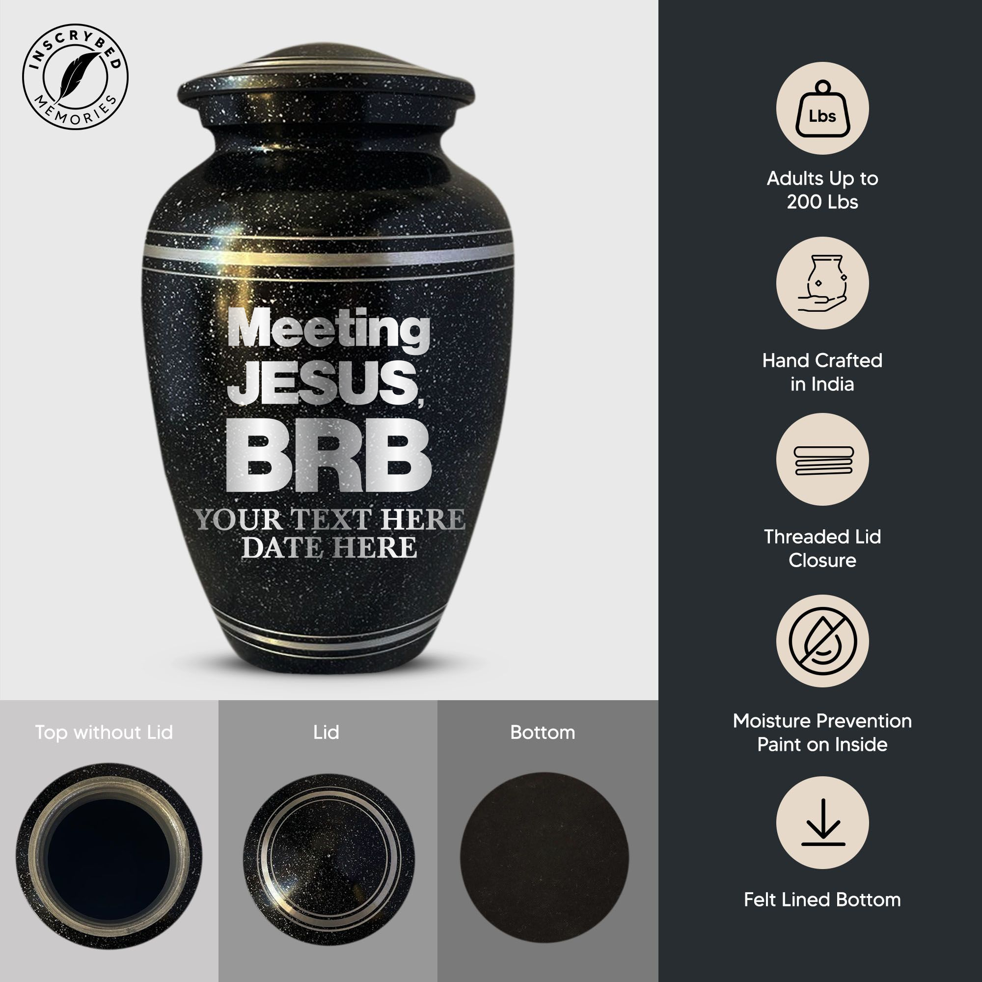 Spotted Black Aluminum with Silver Rim Human Cremation Urn - 200 Cubic Inch | Christian Humor