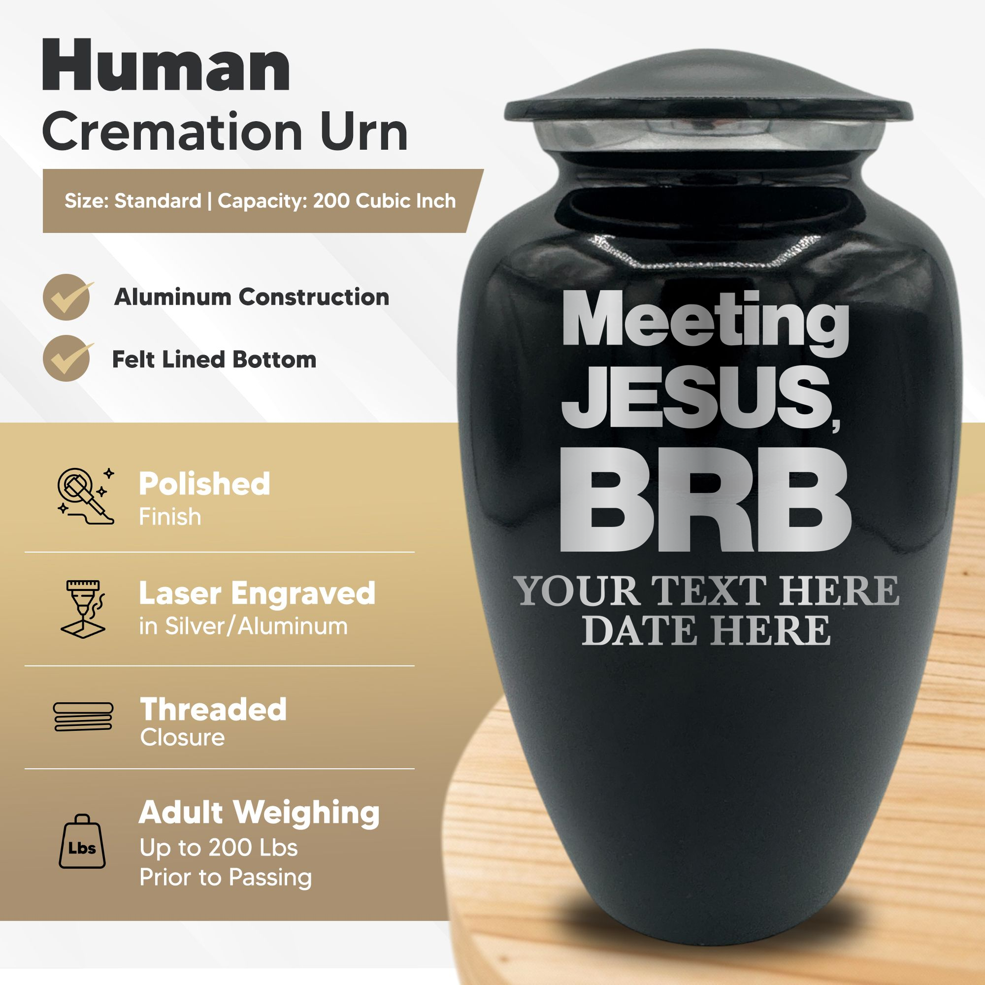 Splendor Human Cremation Urn – 200 Cubic Inch Capacity – Metal | Christian Humor