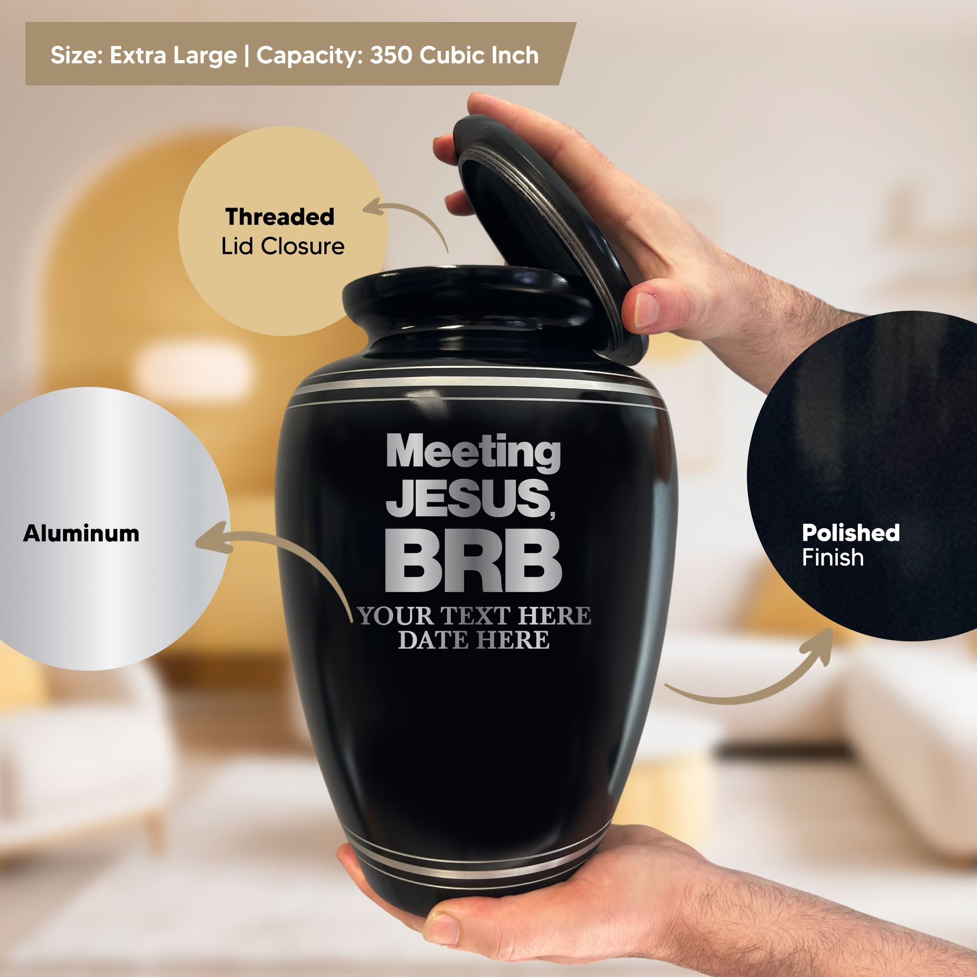 Human Cremation Urn - 350 Cubic Inch Capacity - Black with Silver Rim | Christian Humor
