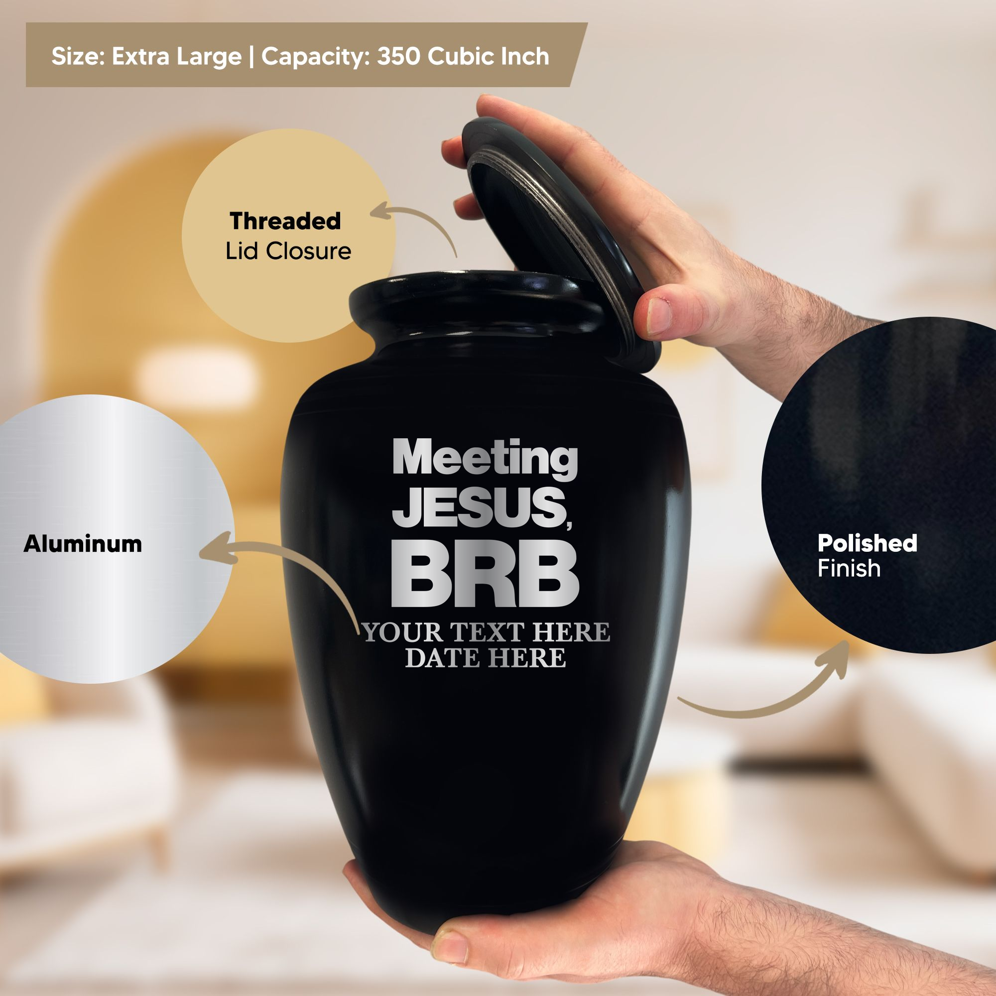 Polished Extra Large Human Cremation Urn 350 Cubic Inch - Engraved Aluminum | Christian Humor