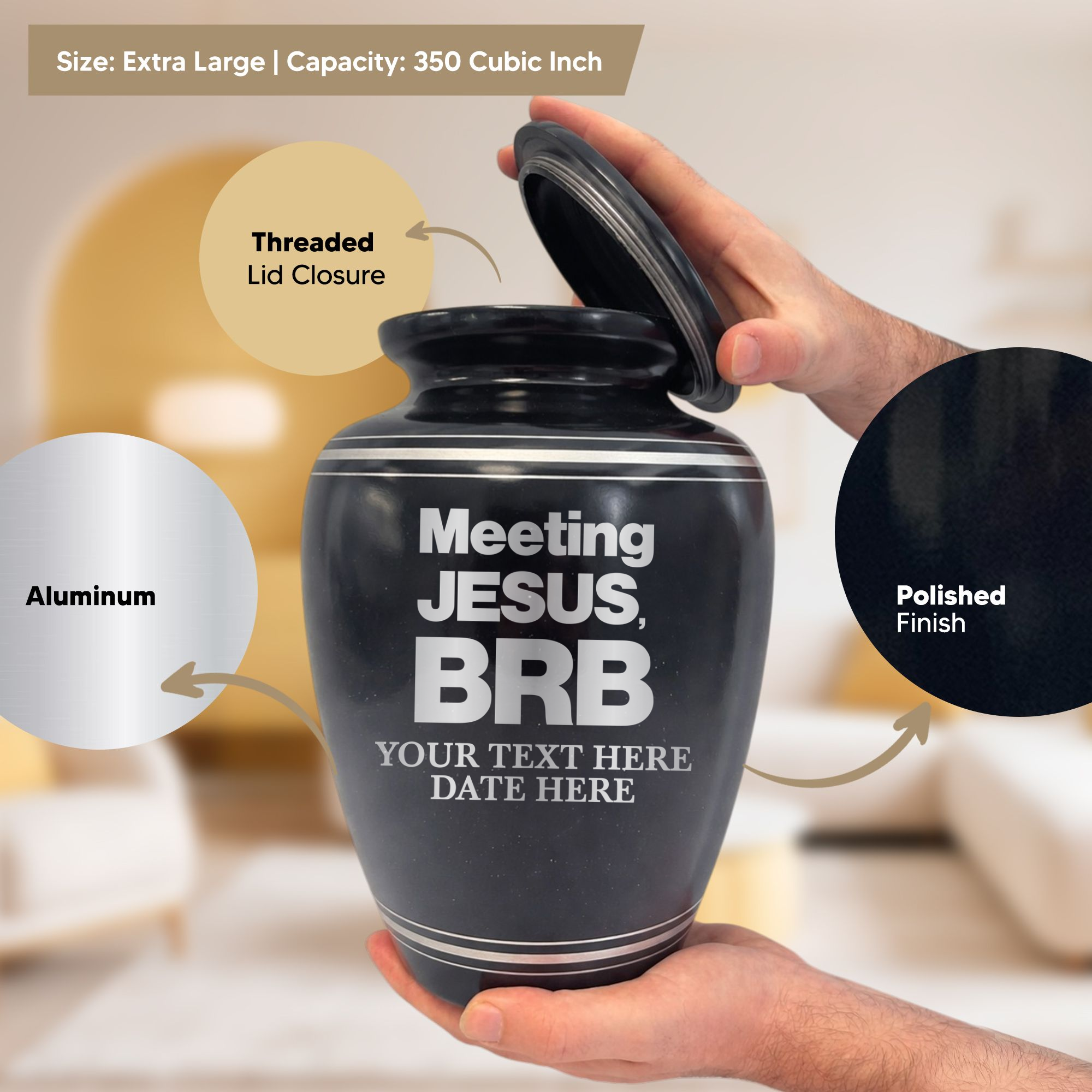 Extra Large Human Cremation Urn - 350 Cubic Inch - Black Spotted Finish with Silver Rim | Christian Humor
