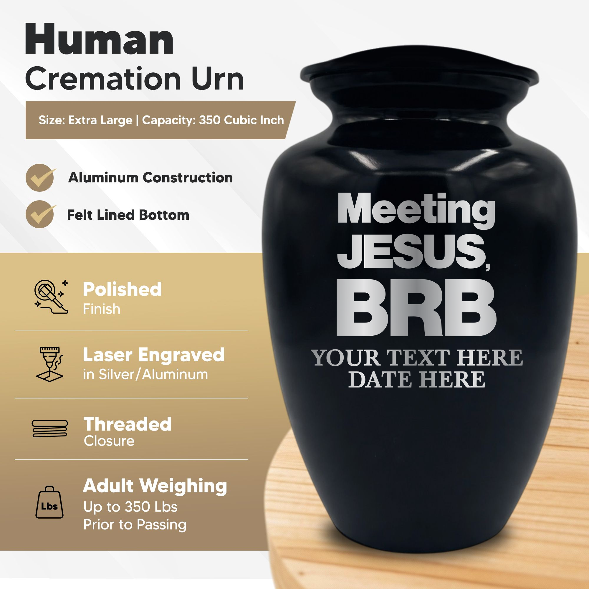 Polished Extra Large Human Cremation Urn 350 Cubic Inch - Engraved Aluminum | Christian Humor
