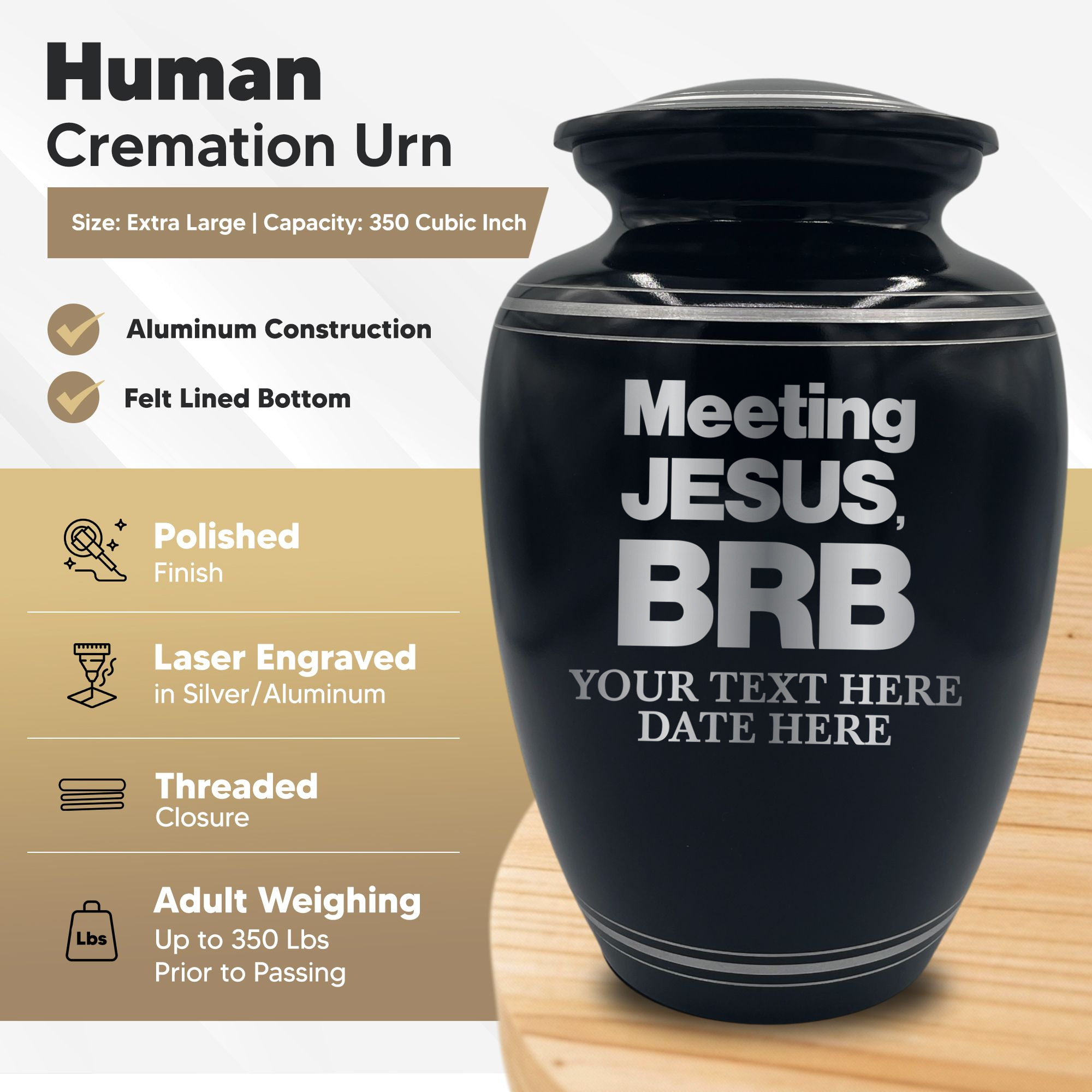 Human Cremation Urn - 350 Cubic Inch Capacity - Black with Silver Rim | Christian Humor