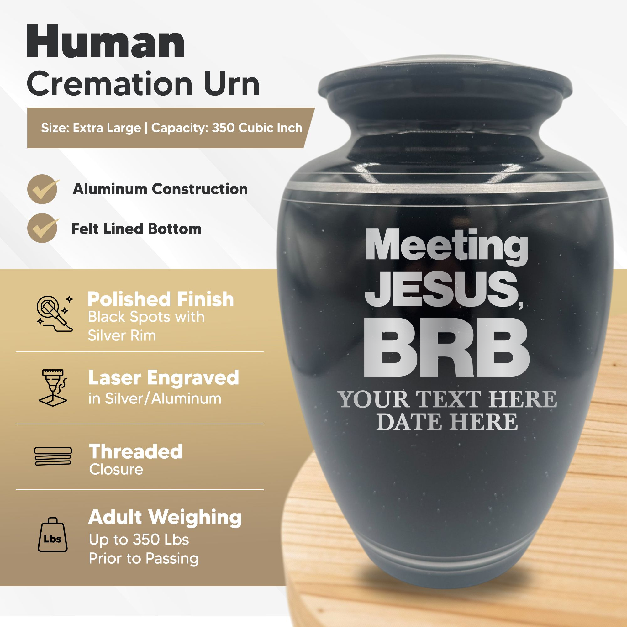 Extra Large Human Cremation Urn - 350 Cubic Inch - Black Spotted Finish with Silver Rim | Christian Humor