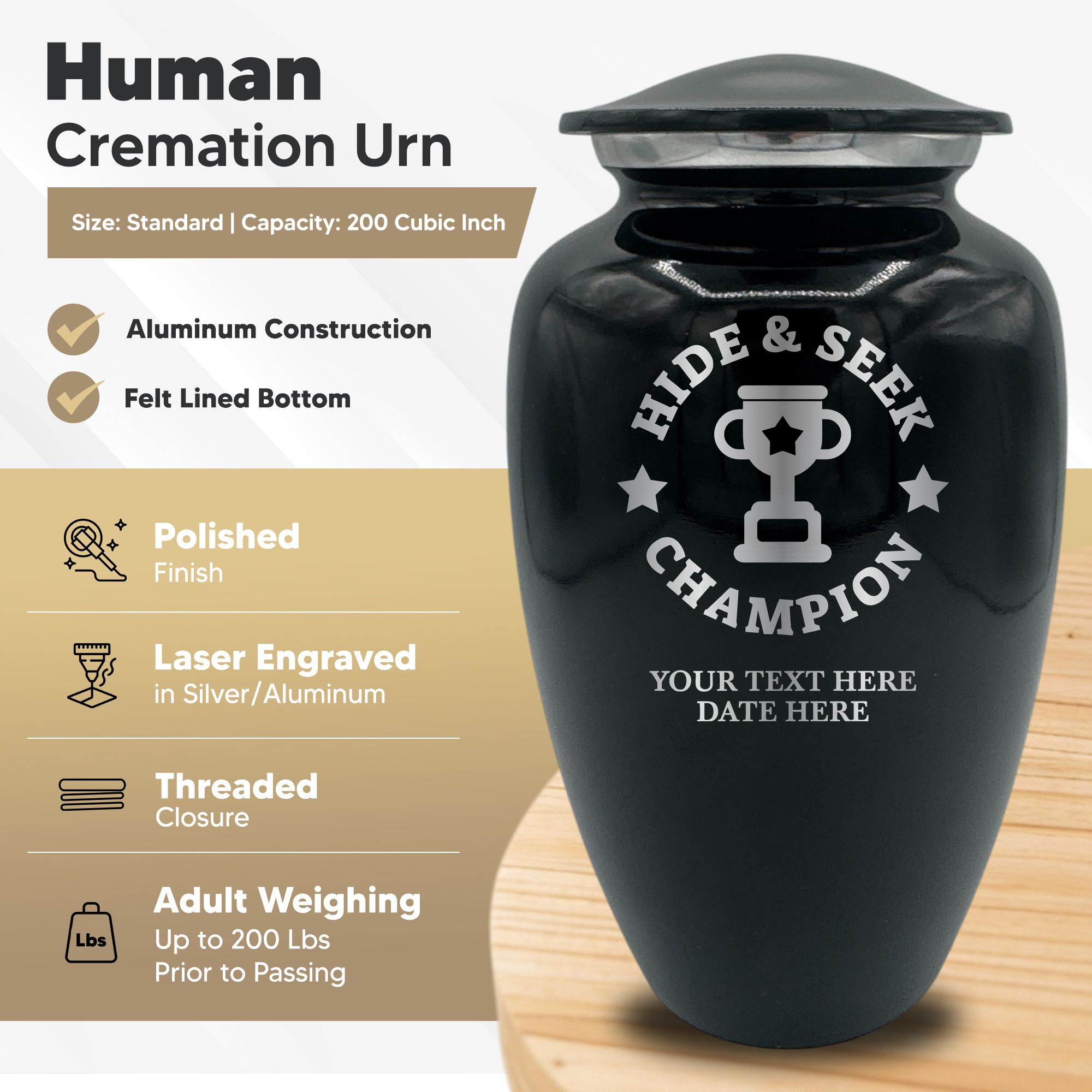 Splendor Human Cremation Urn - 200 Cubic Inch Capacity - Metal | Funny Afterlife Collection