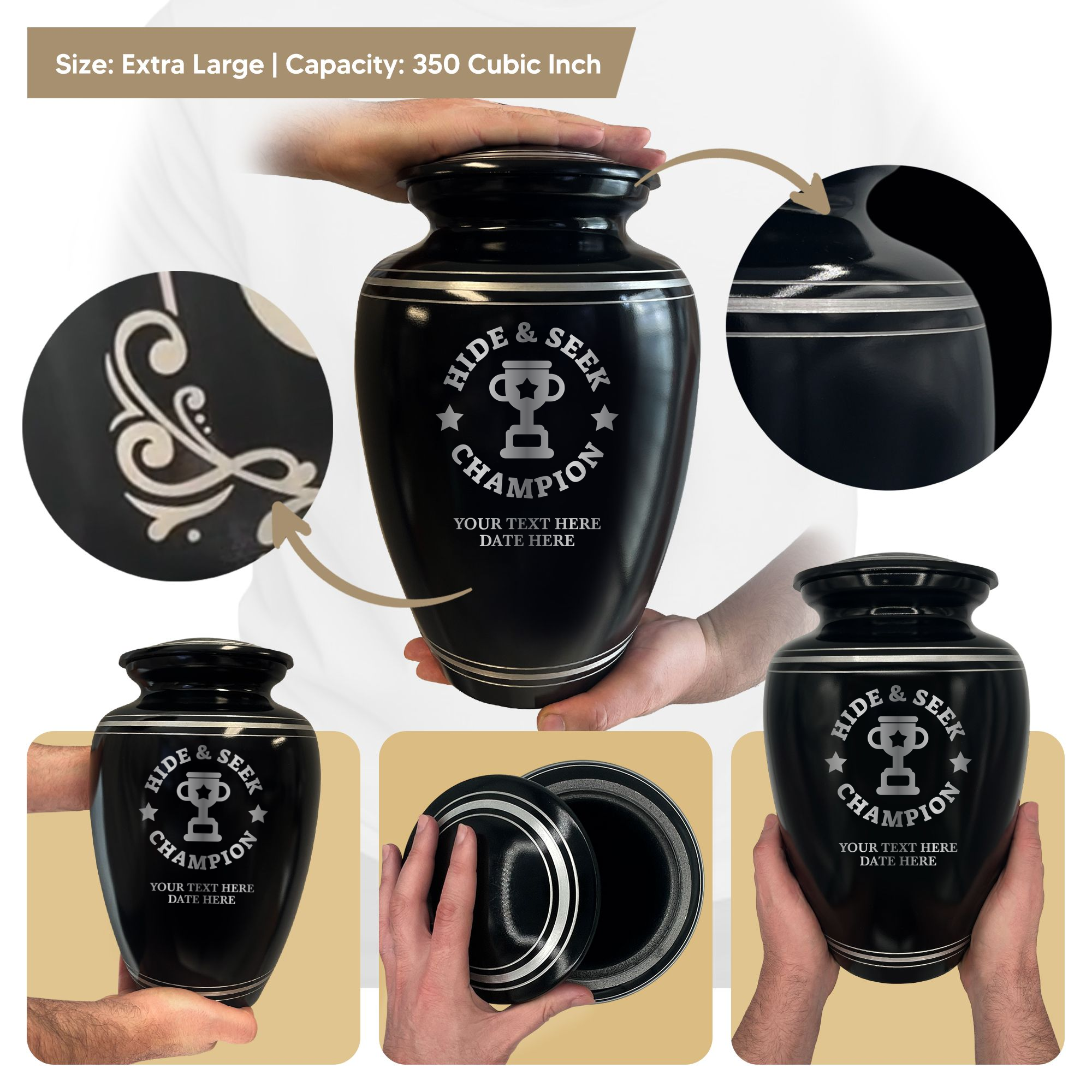 Human Cremation Urn - 350 Cubic Inch Capacity - Black with Silver Rim | Funny Afterlife Collection