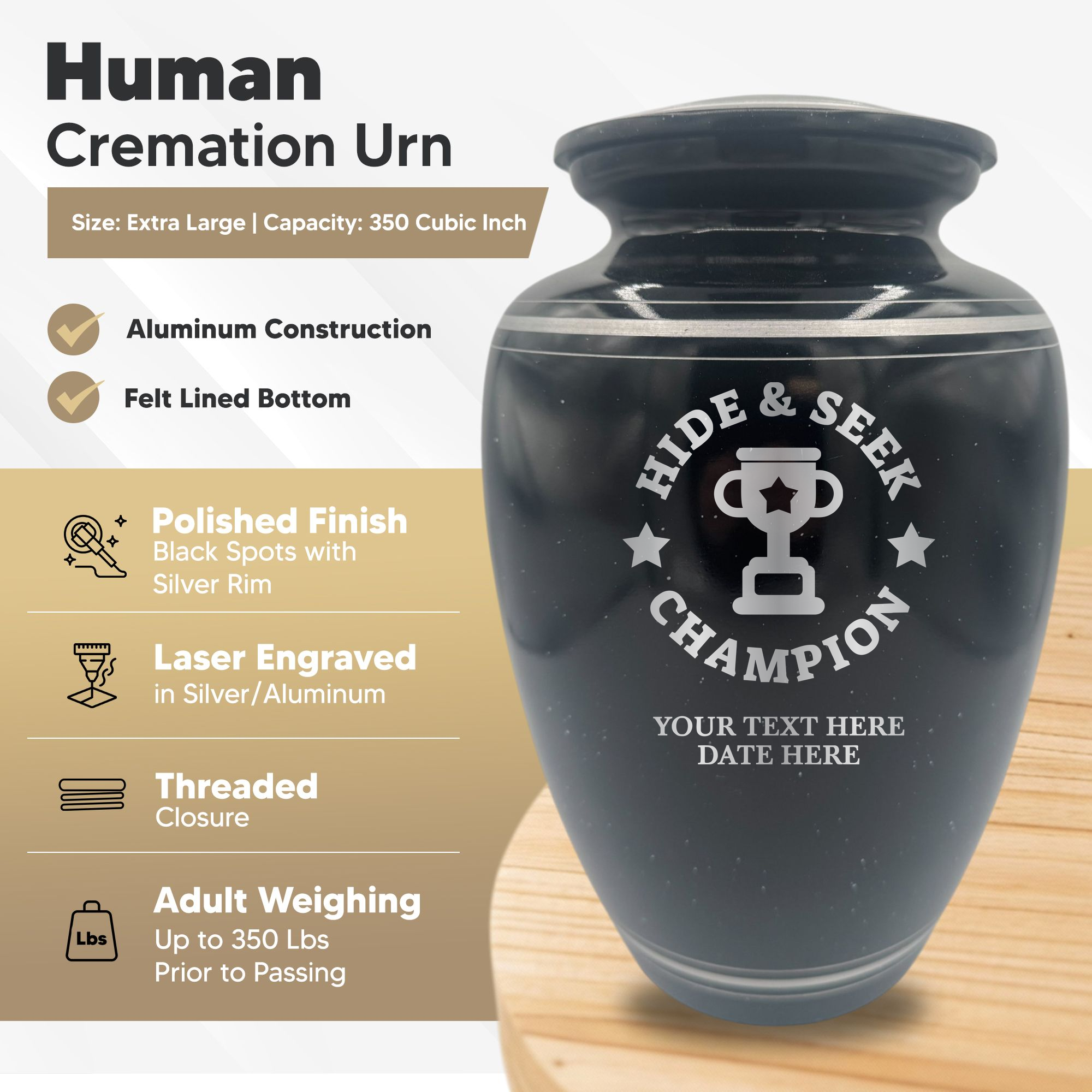 Extra Large Human Cremation Urn - 350 Cubic Inch - Black Spotted Finish with Silver Rim | Funny Afterlife Collection