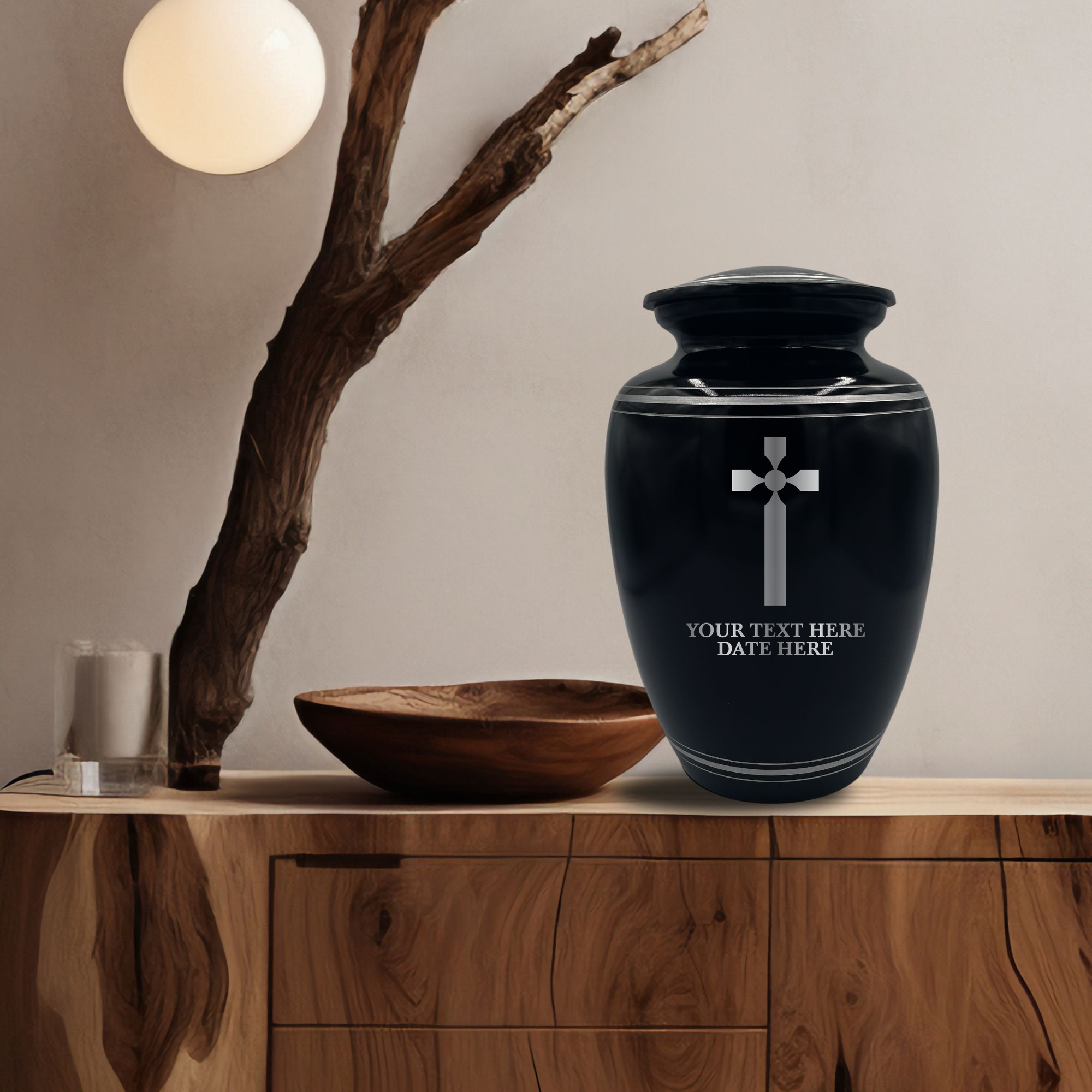 Human Cremation Urn - 350 Cubic Inch Capacity - Black with Silver Rim | Cross Design Collection