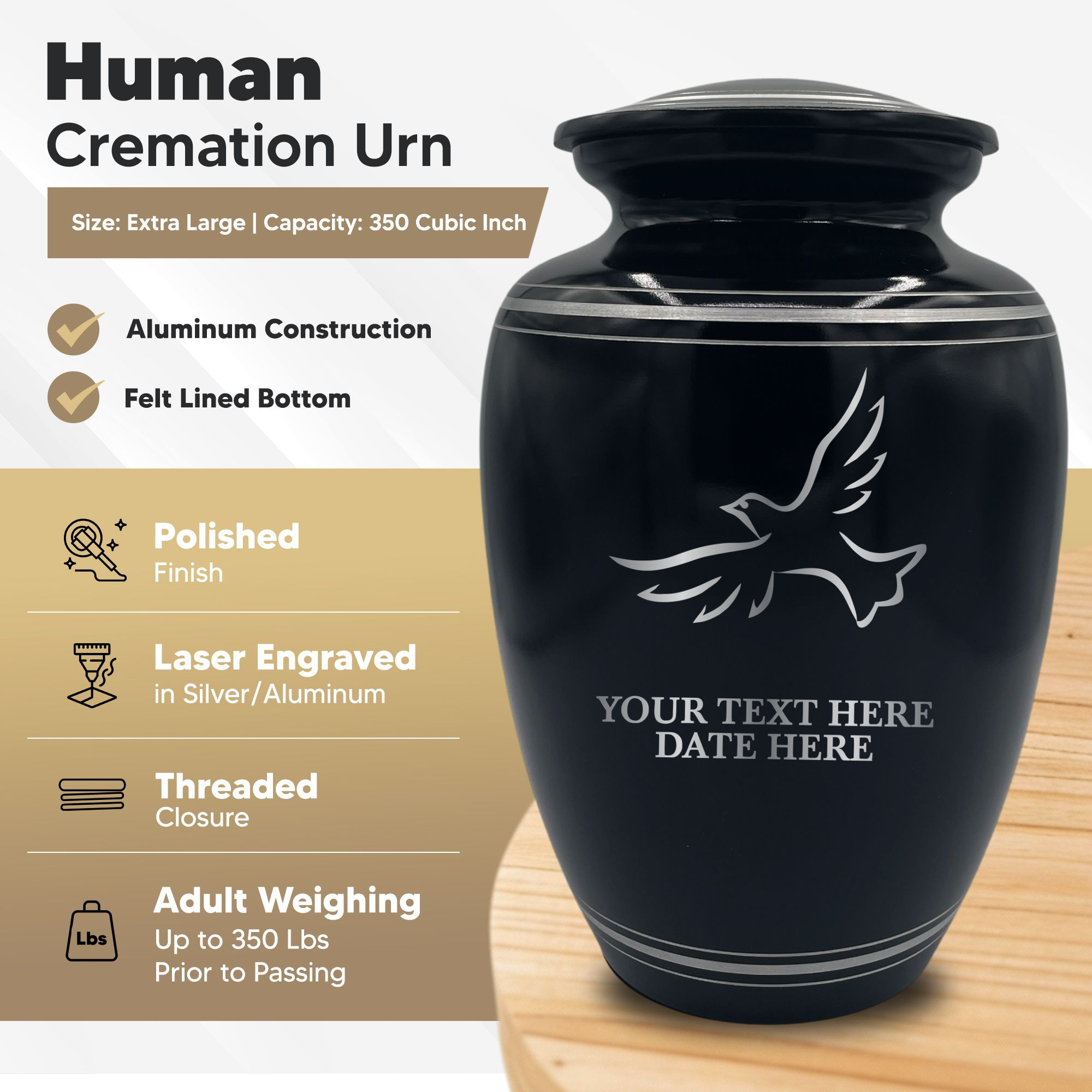 Human Cremation Urn - 350 Cubic Inch Capacity - Black with Silver Rim | Memorial Dove
