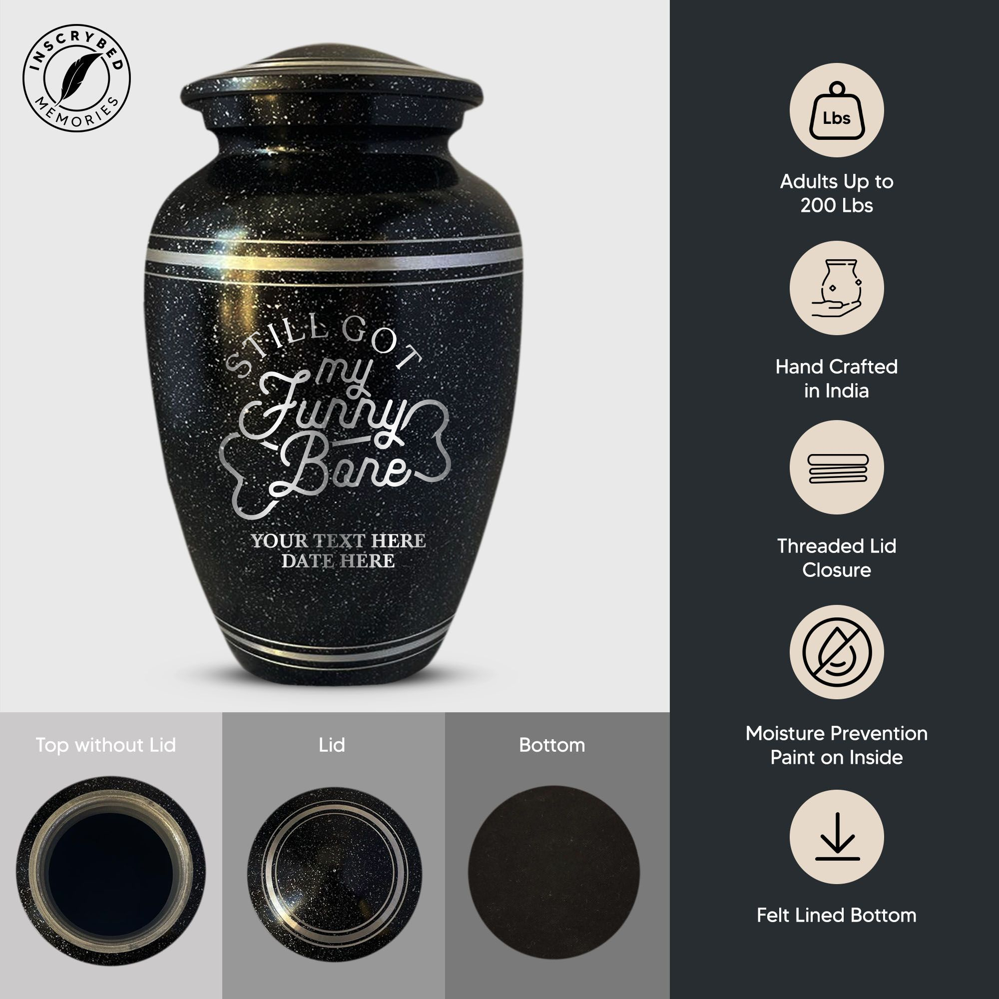 Spotted Black Aluminum with Silver Rim Human Cremation Urn - 200 Cubic Inch | Funny Memorial