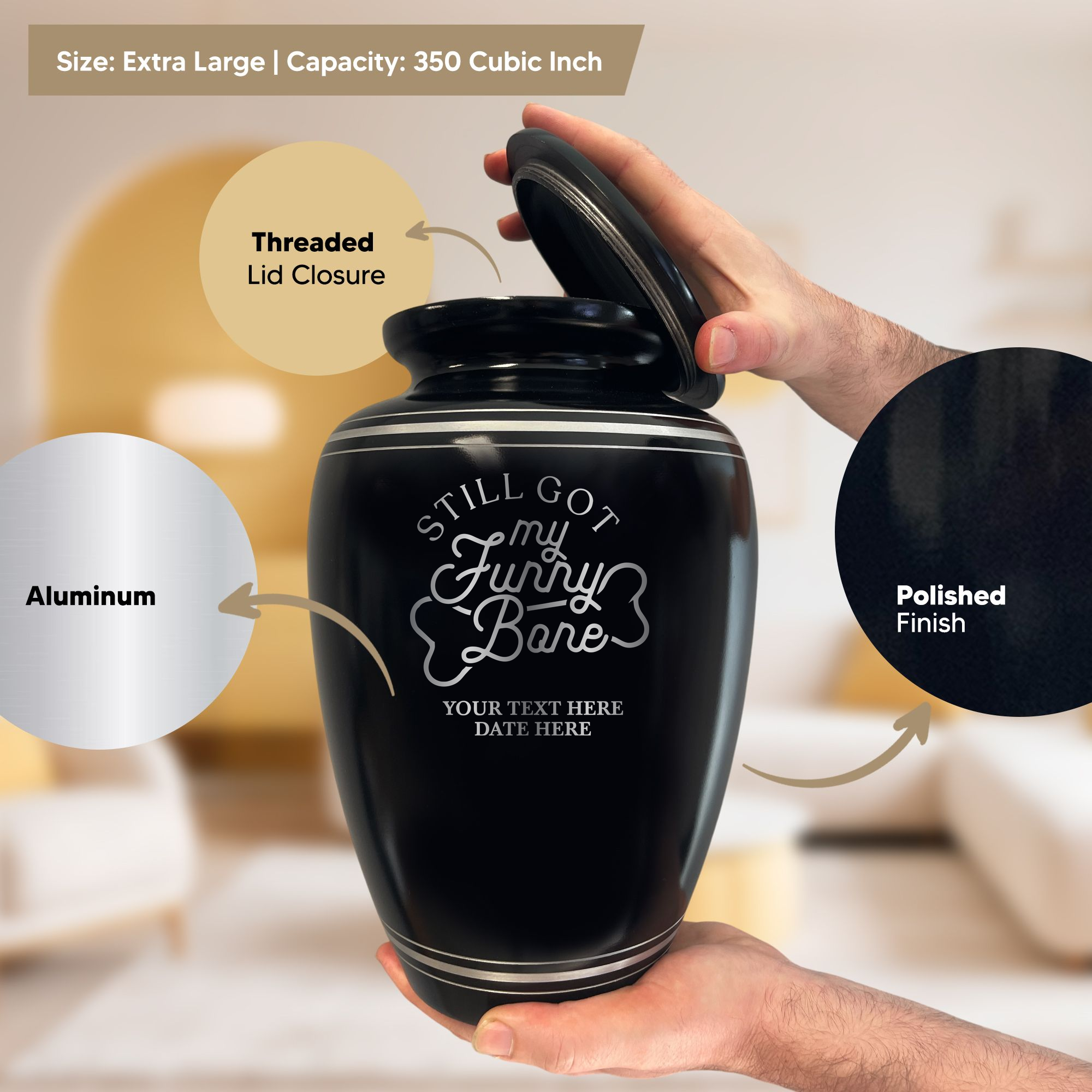 Human Cremation Urn - 350 Cubic Inch Capacity - Black with Silver Rim | Funny Memorial