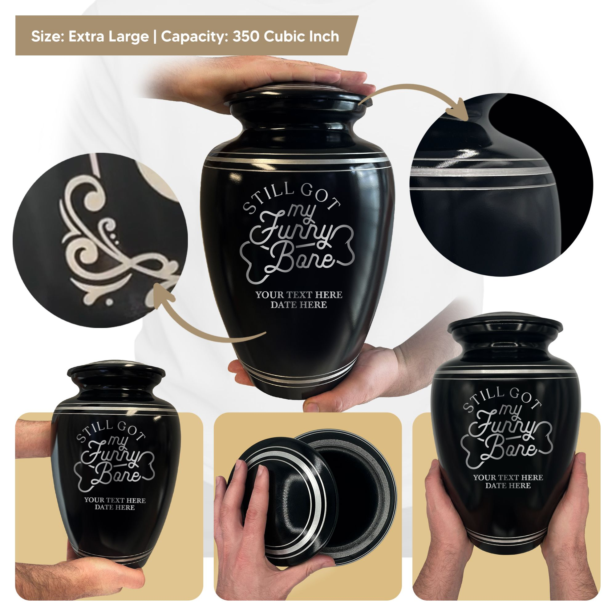 Human Cremation Urn - 350 Cubic Inch Capacity - Black with Silver Rim | Funny Memorial