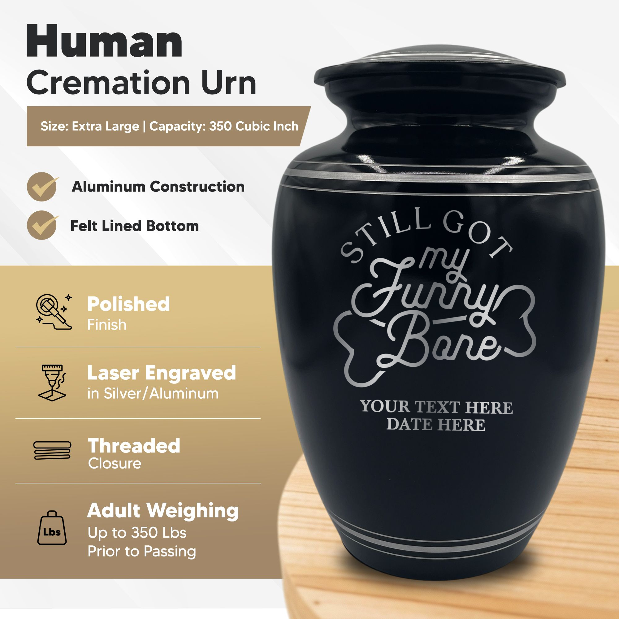 Human Cremation Urn - 350 Cubic Inch Capacity - Black with Silver Rim | Funny Memorial