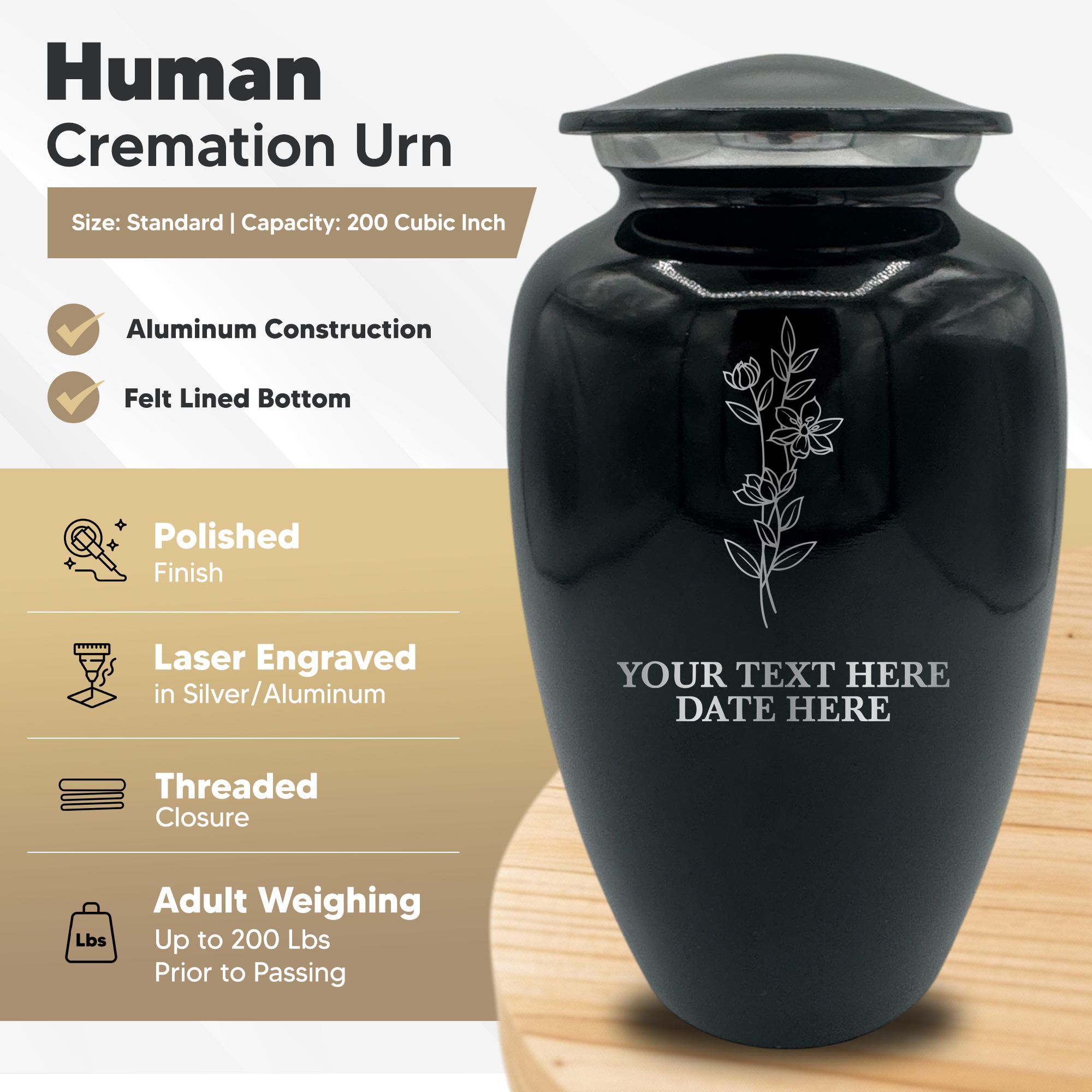 Splendor Human Cremation Urn - 200 Cubic Inch Capacity - Metal | Floral Memorial