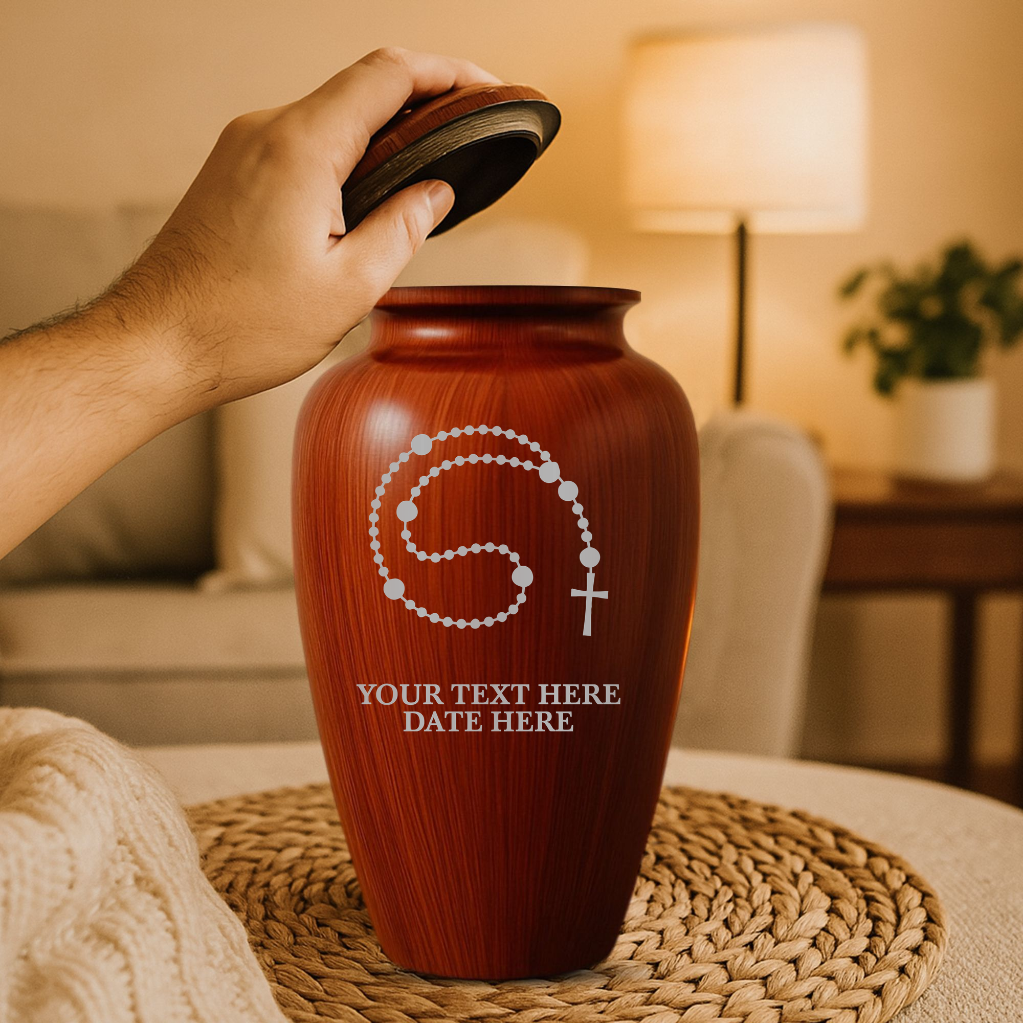 Human Cremation Urn – 200 Cubic Inch – Ingrained Wood Style Finish | Rosary Memorial