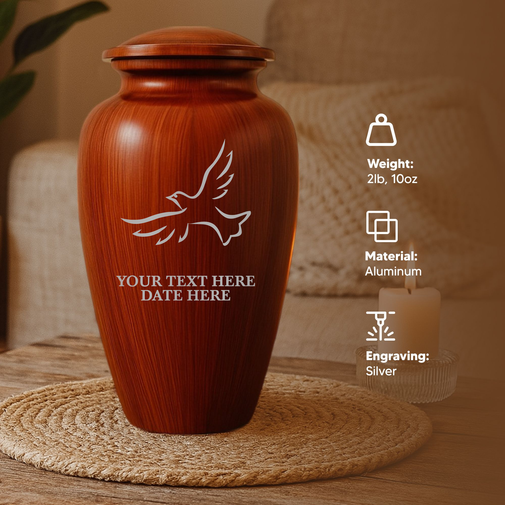 Human Cremation Urn - 200 Cubic Inch - Ingrained Wood Style Finish | Dove Memorial