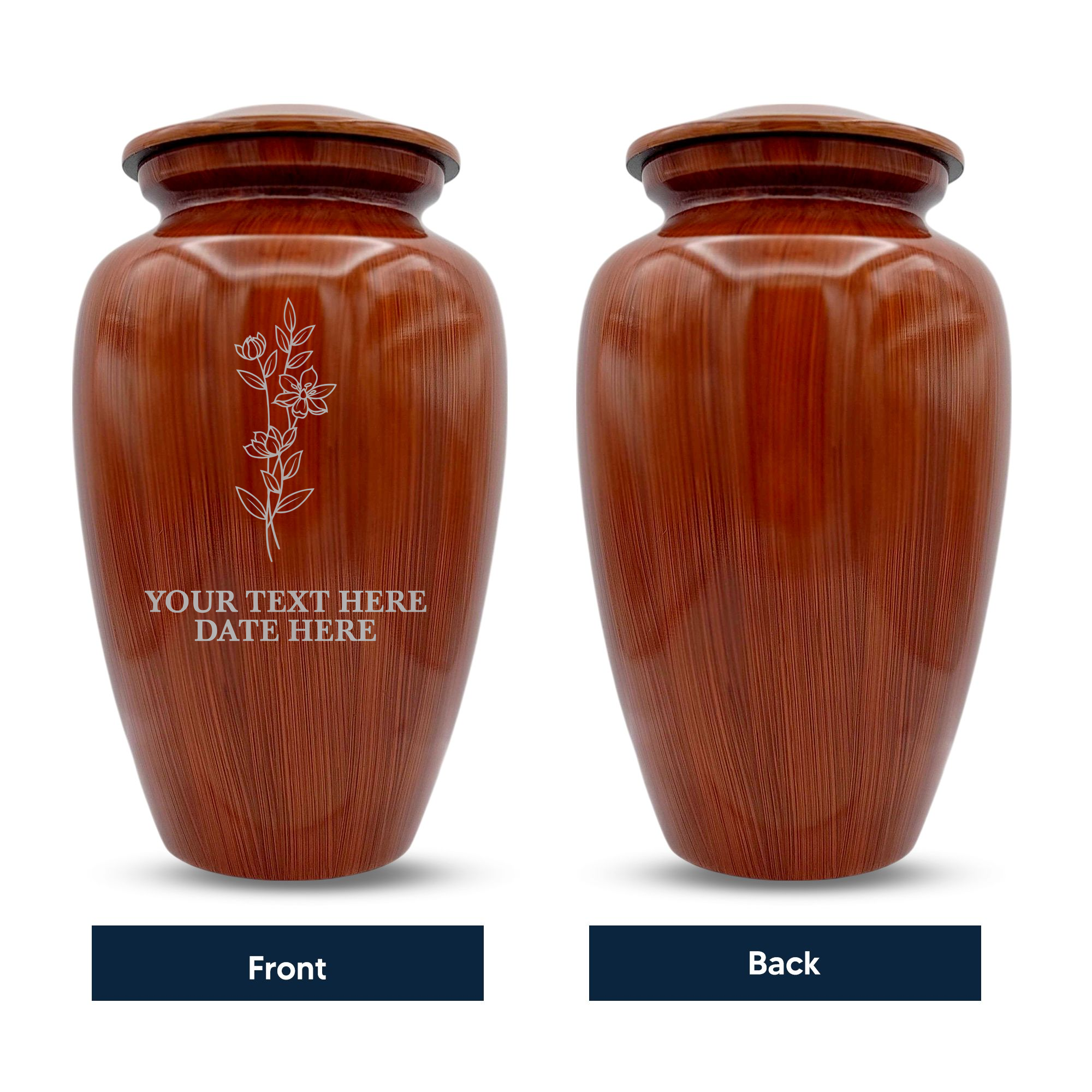 Human Cremation Urn - 200 Cubic Inch - Ingrained Wood Style Finish | Floral Memorial