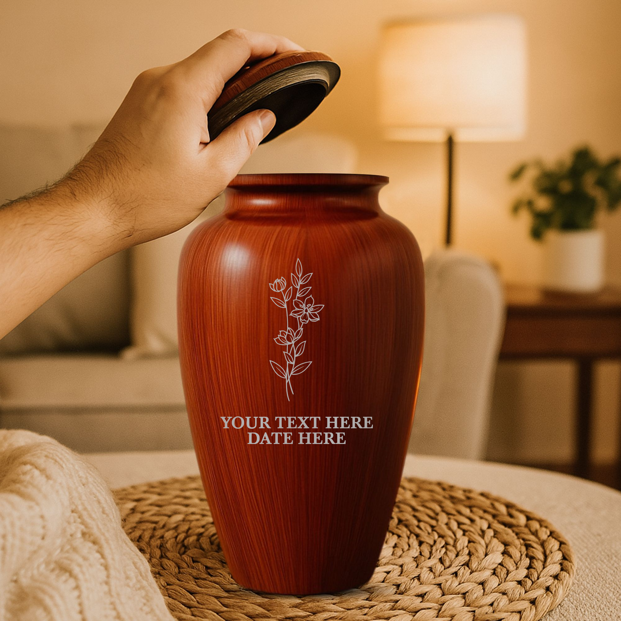 Human Cremation Urn - 200 Cubic Inch - Ingrained Wood Style Finish | Floral Memorial