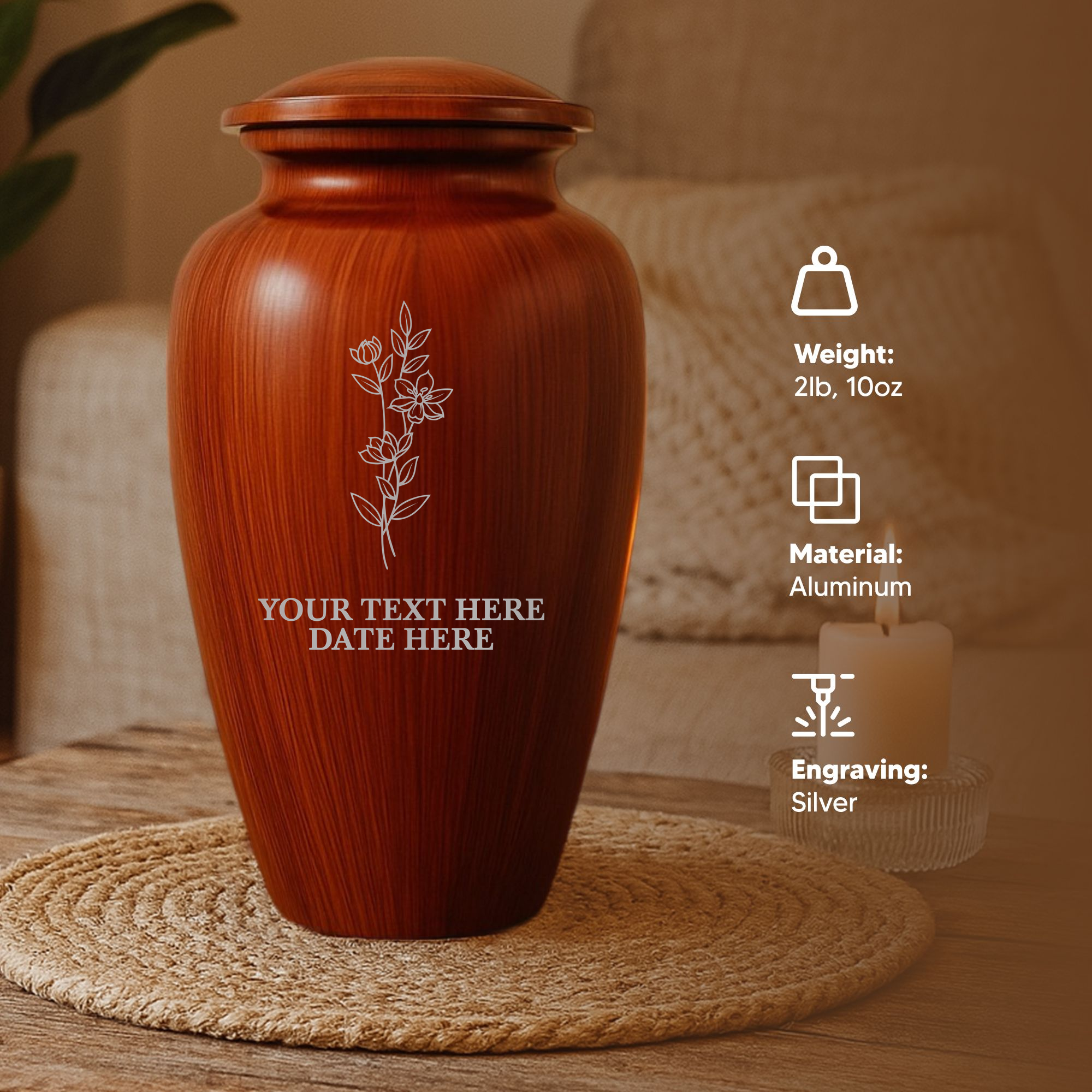 Human Cremation Urn - 200 Cubic Inch - Ingrained Wood Style Finish | Floral Memorial