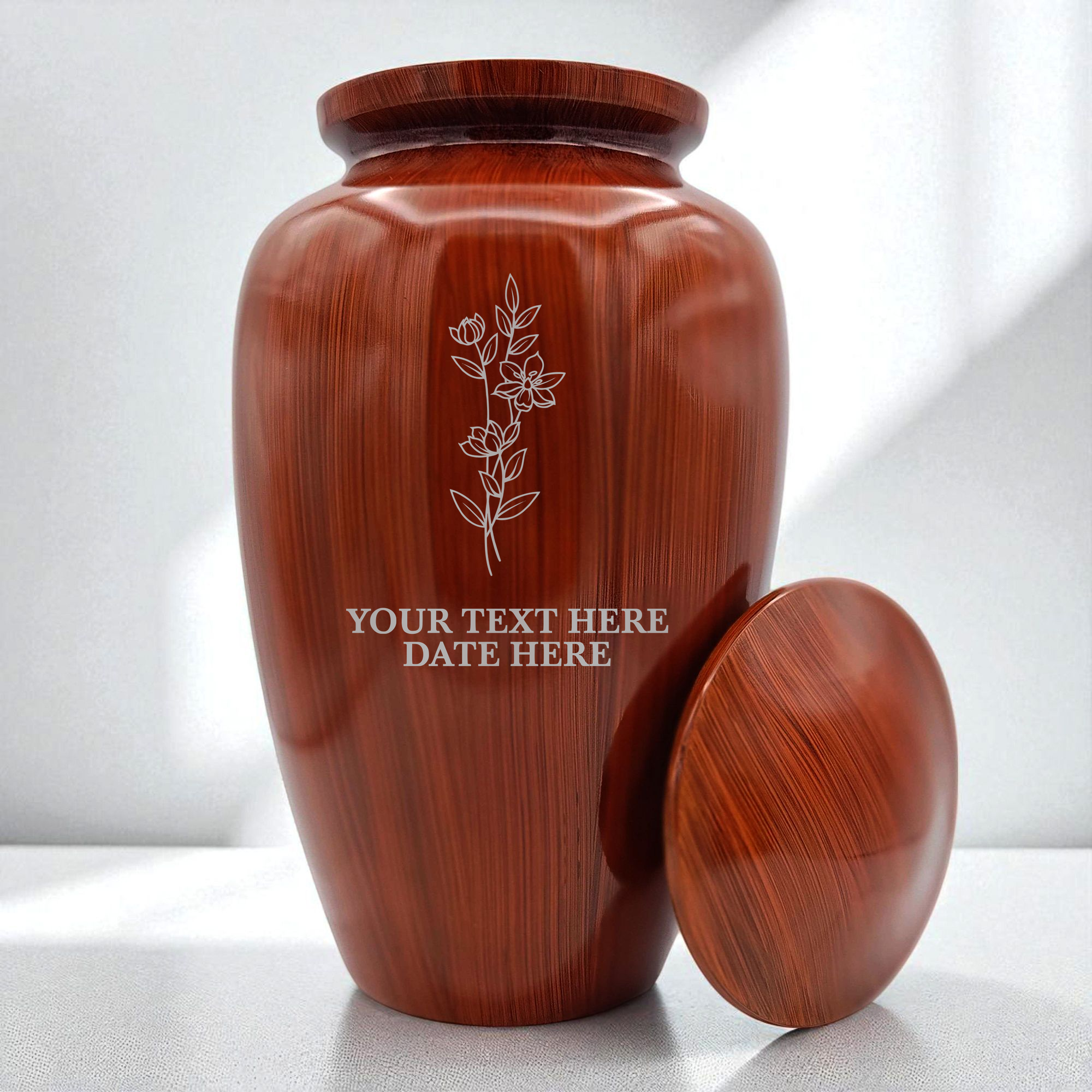 Human Cremation Urn - 200 Cubic Inch - Ingrained Wood Style Finish | Floral Memorial