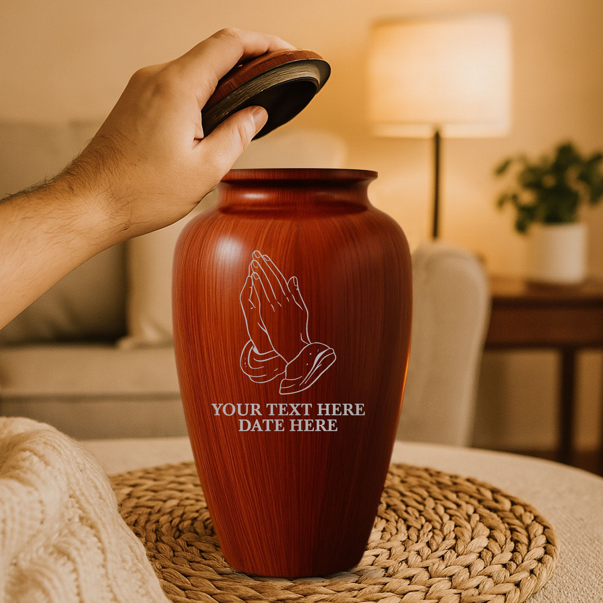 Human Cremation Urn - 200 Cubic Inch - Ingrained Wood Style Finish | Praying Hands