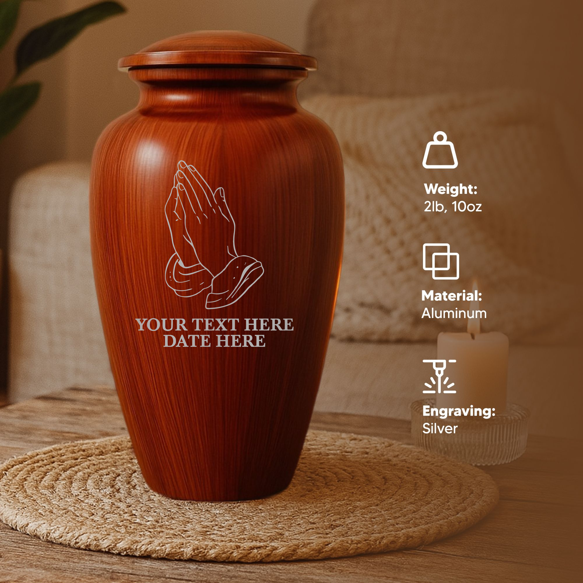 Human Cremation Urn - 200 Cubic Inch - Ingrained Wood Style Finish | Praying Hands