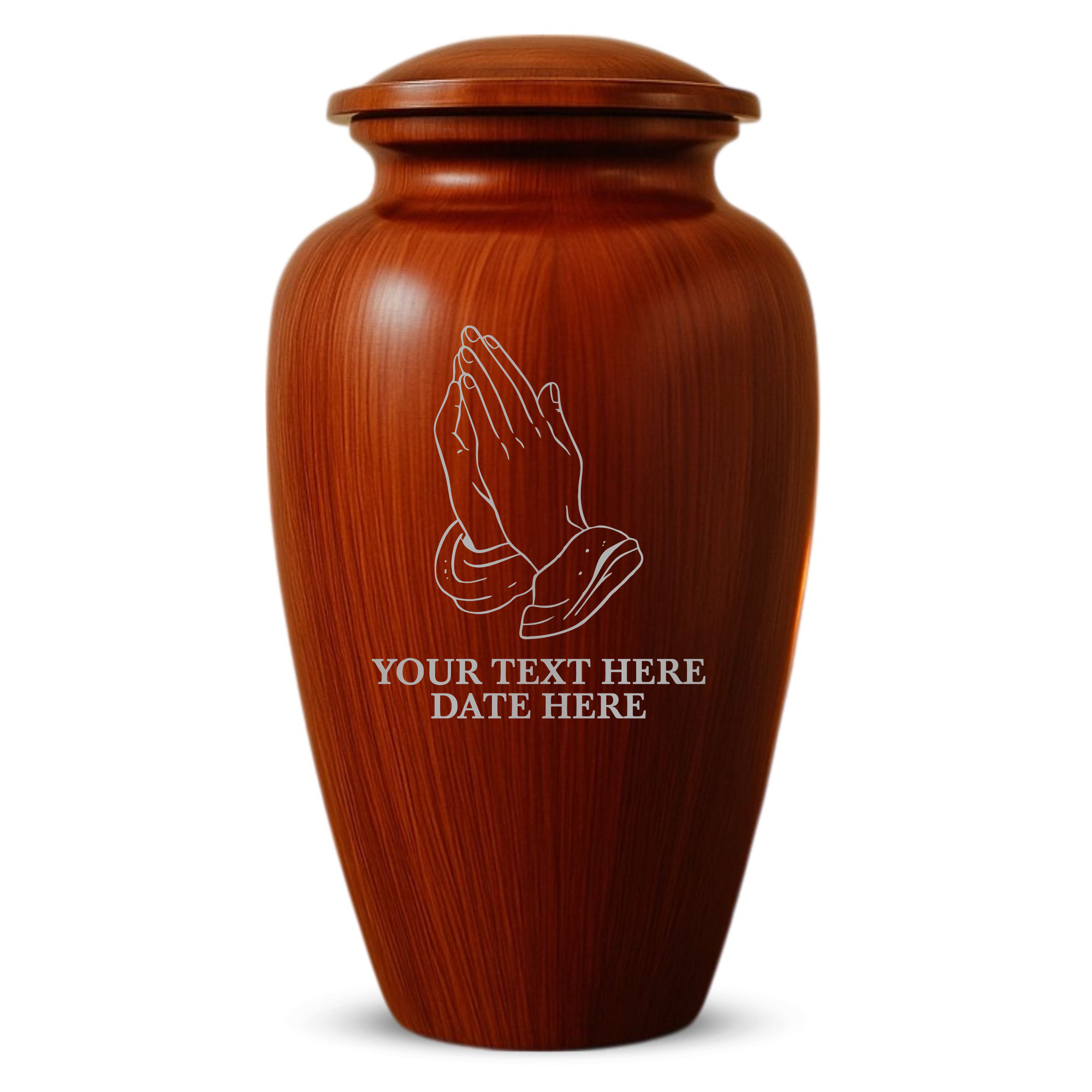 Human Cremation Urn - 200 Cubic Inch - Ingrained Wood Style Finish | Praying Hands