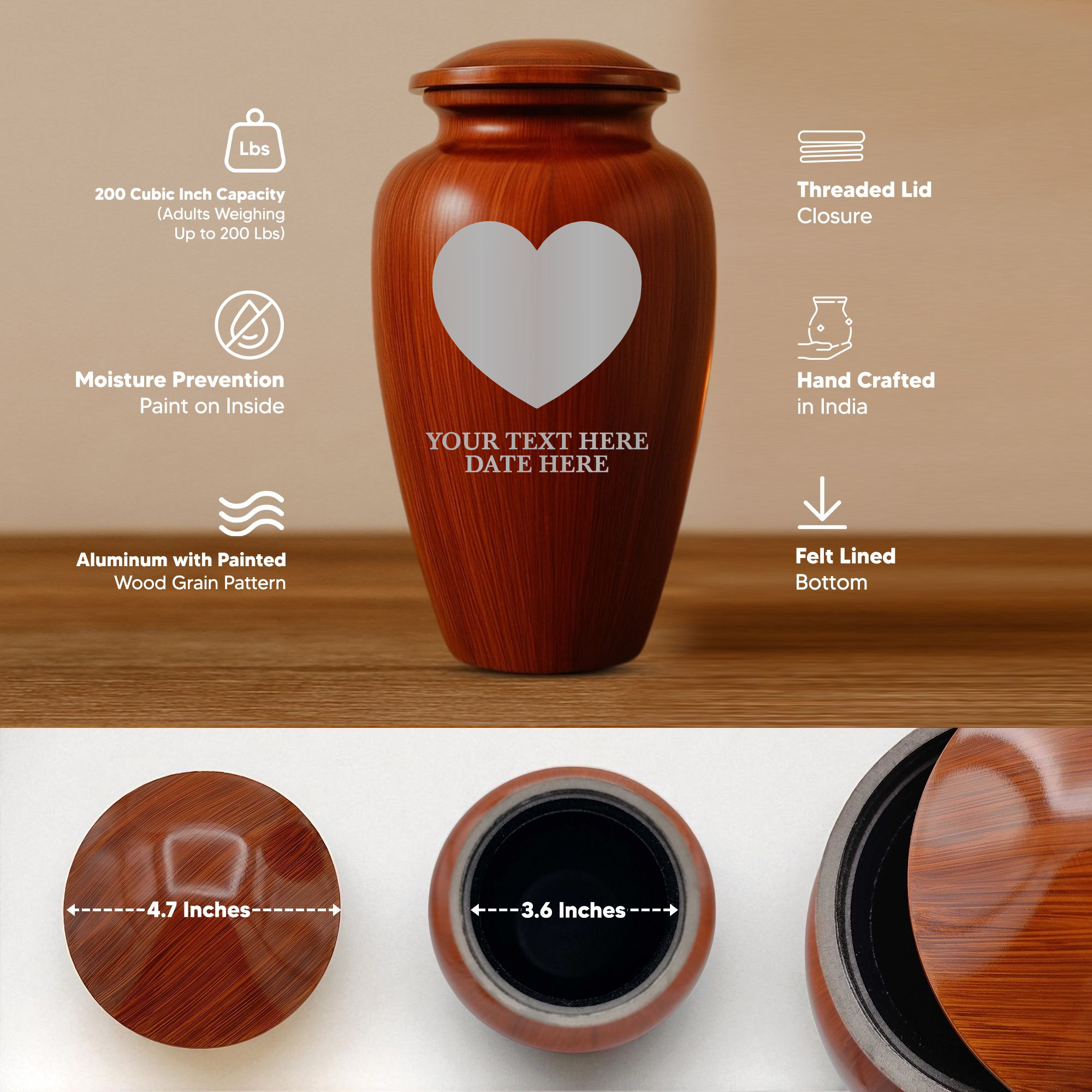 Human Cremation Urn - 200 Cubic Inch - Ingrained Wood Style Finish | Traditional Memorial