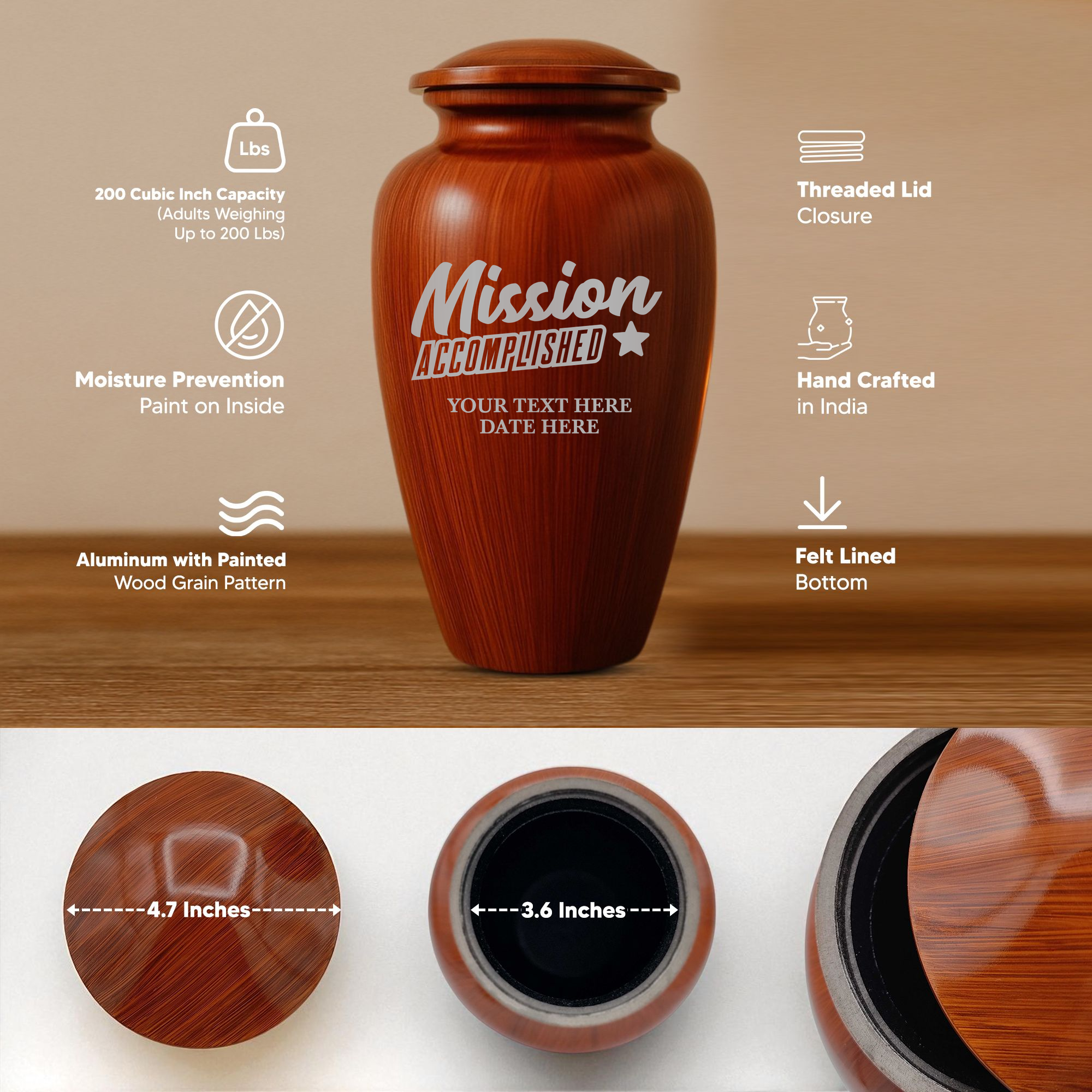 Human Cremation Urn - 200 Cubic Inch - Ingrained Wood Style Finish | Fantasy Memorial