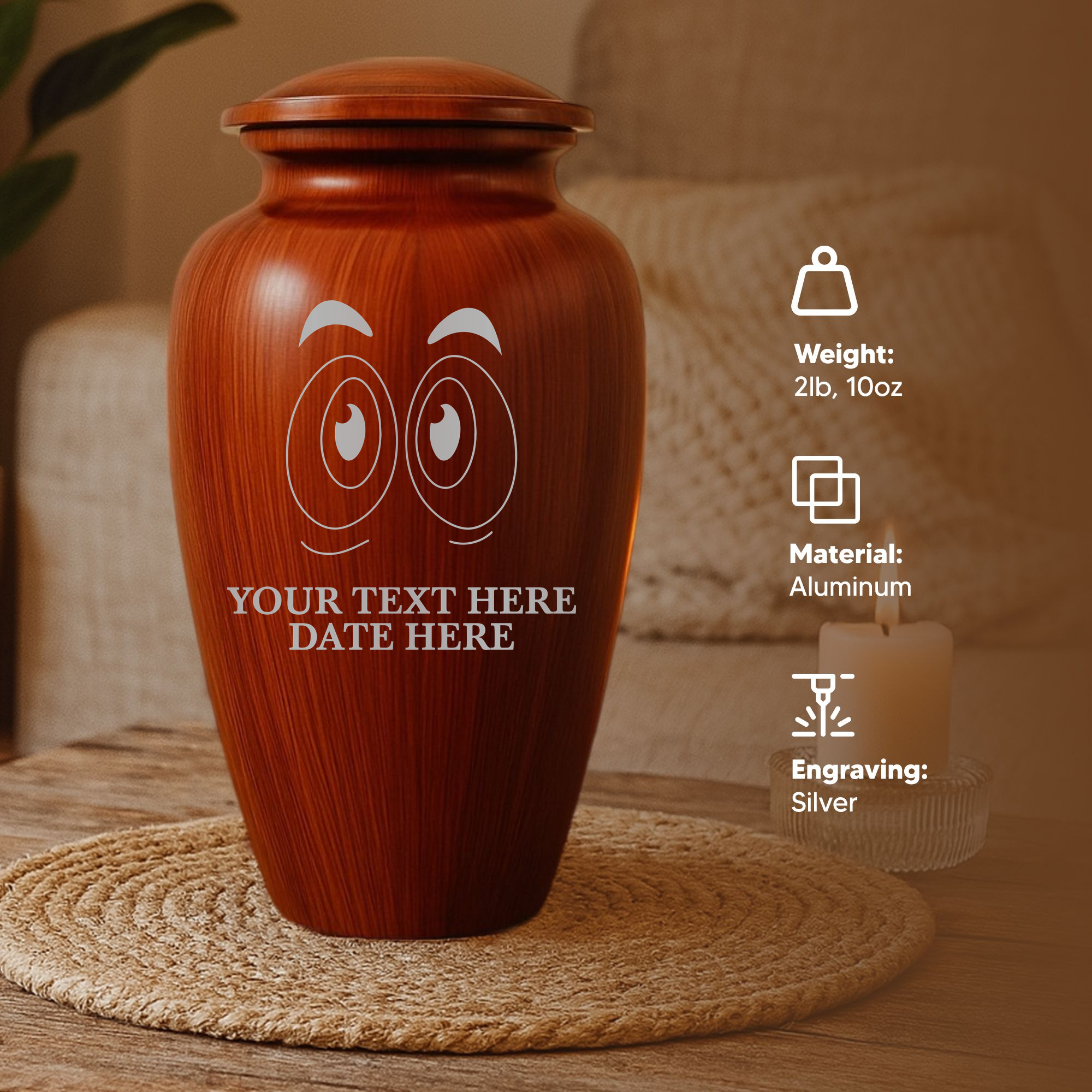 Human Cremation Urn - 200 Cubic Inch - Ingrained Wood Style Finish | Funny Eyes