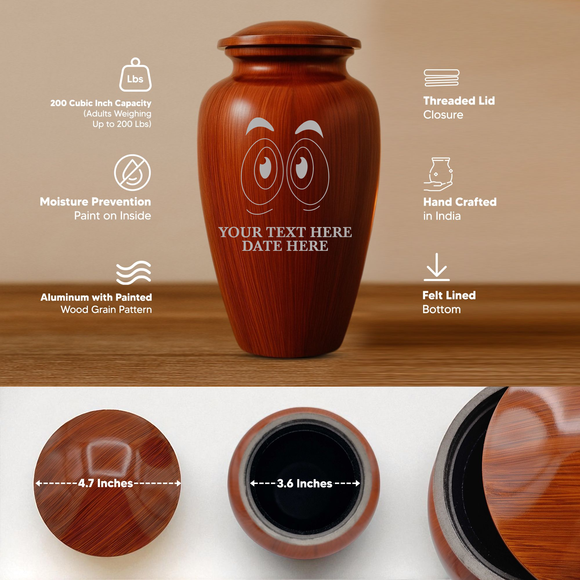 Human Cremation Urn - 200 Cubic Inch - Ingrained Wood Style Finish | Funny Eyes