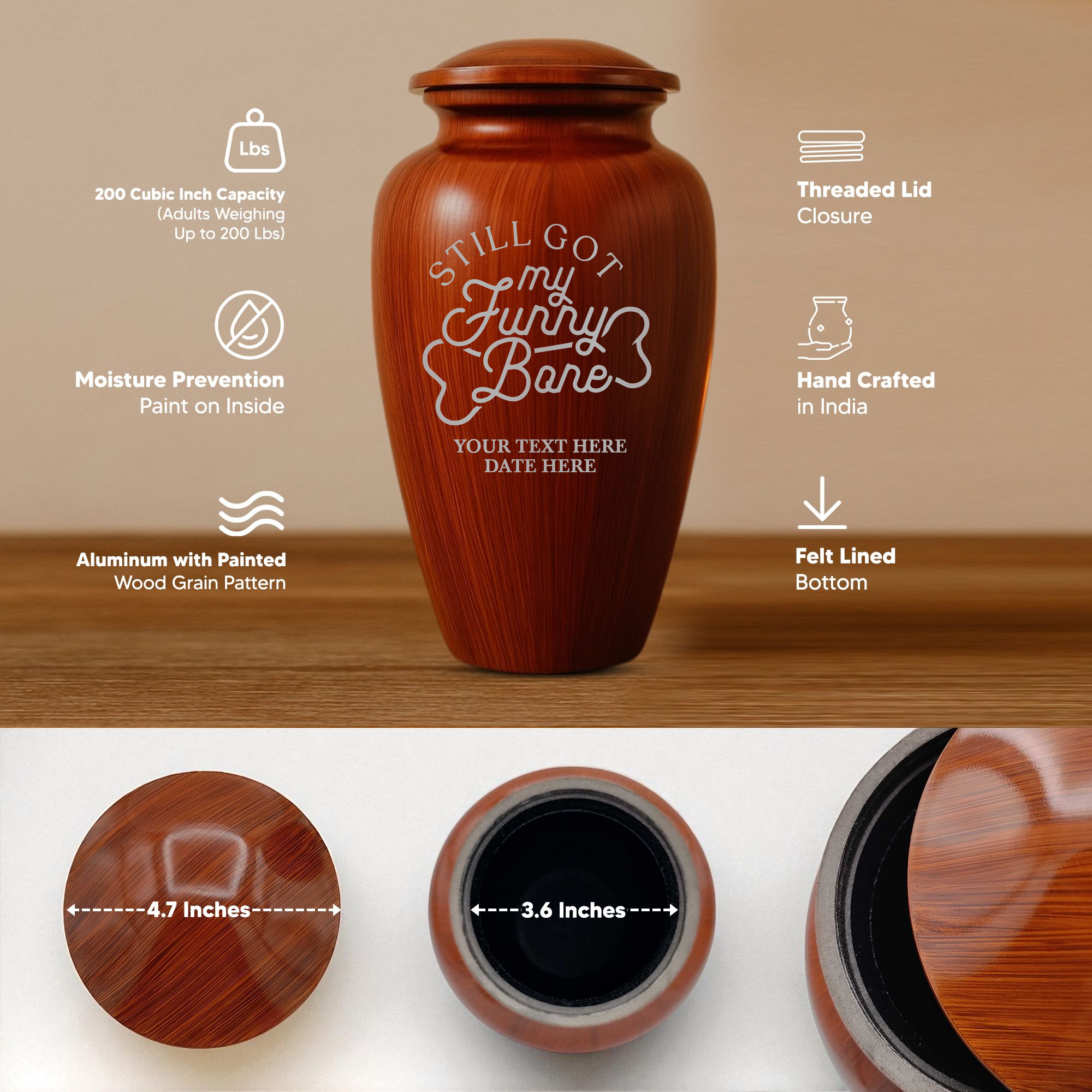 Human Cremation Urn - 200 Cubic Inch - Ingrained Wood Style Finish | Funny Memorial