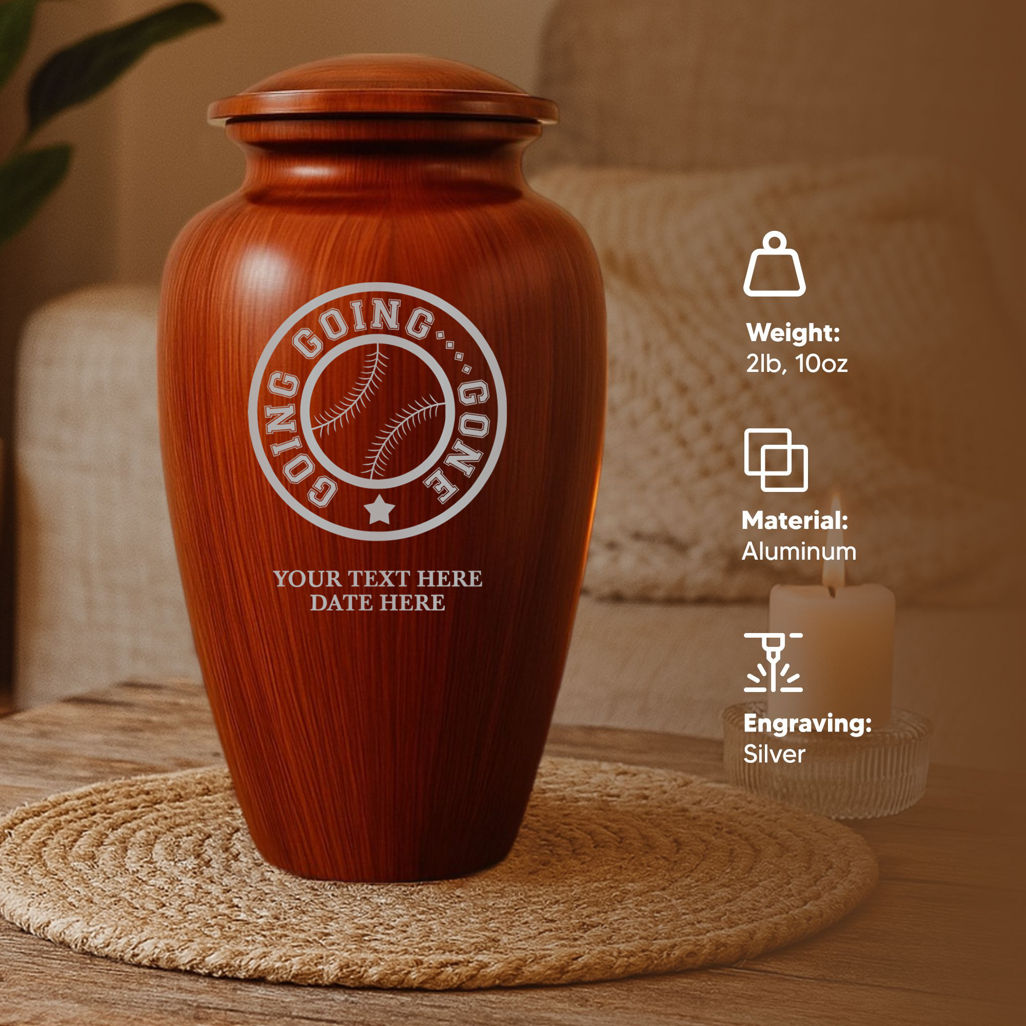 Human Cremation Urn - 200 Cubic Inch - Ingrained Wood Style Finish | Funny Baseball