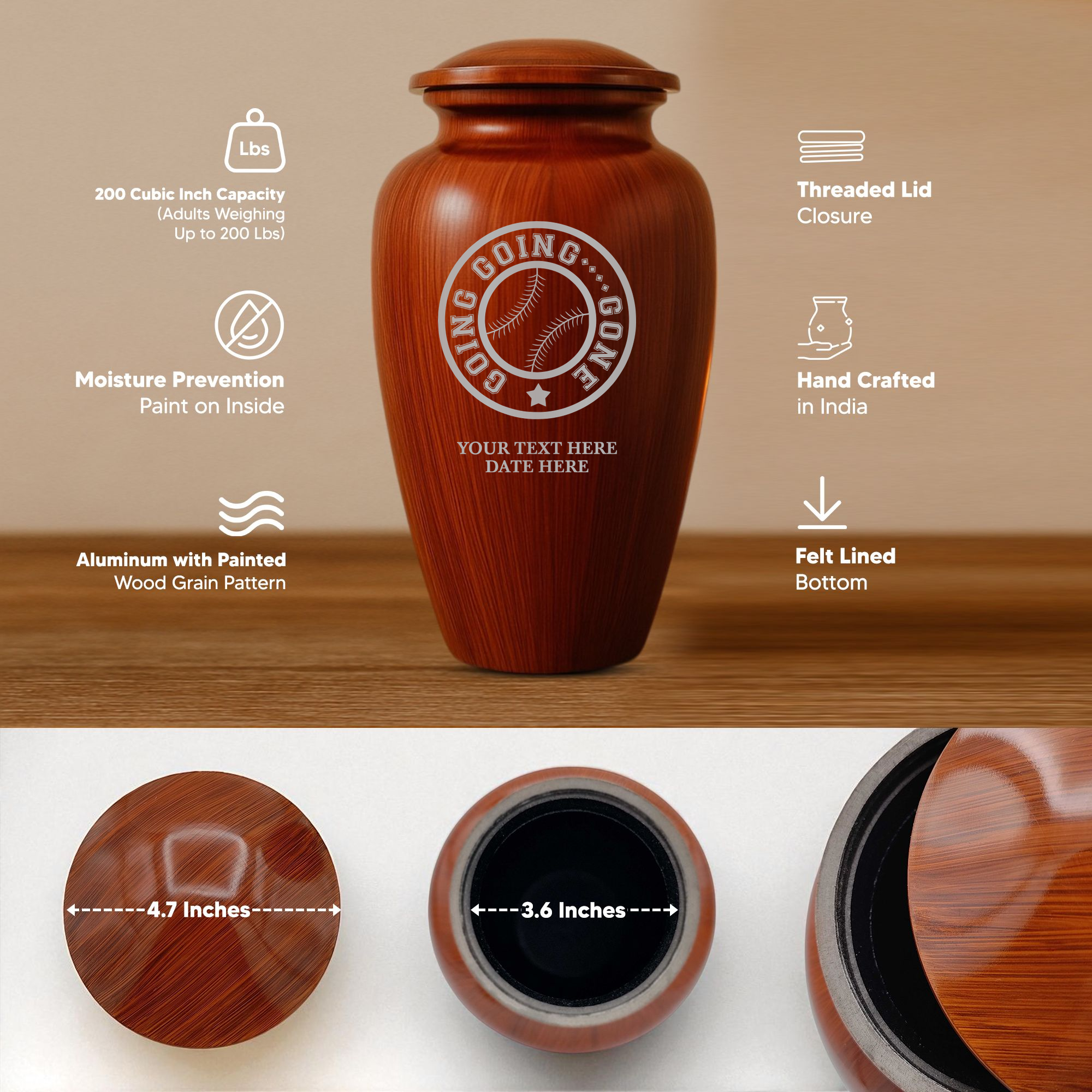 Human Cremation Urn - 200 Cubic Inch - Ingrained Wood Style Finish | Funny Baseball
