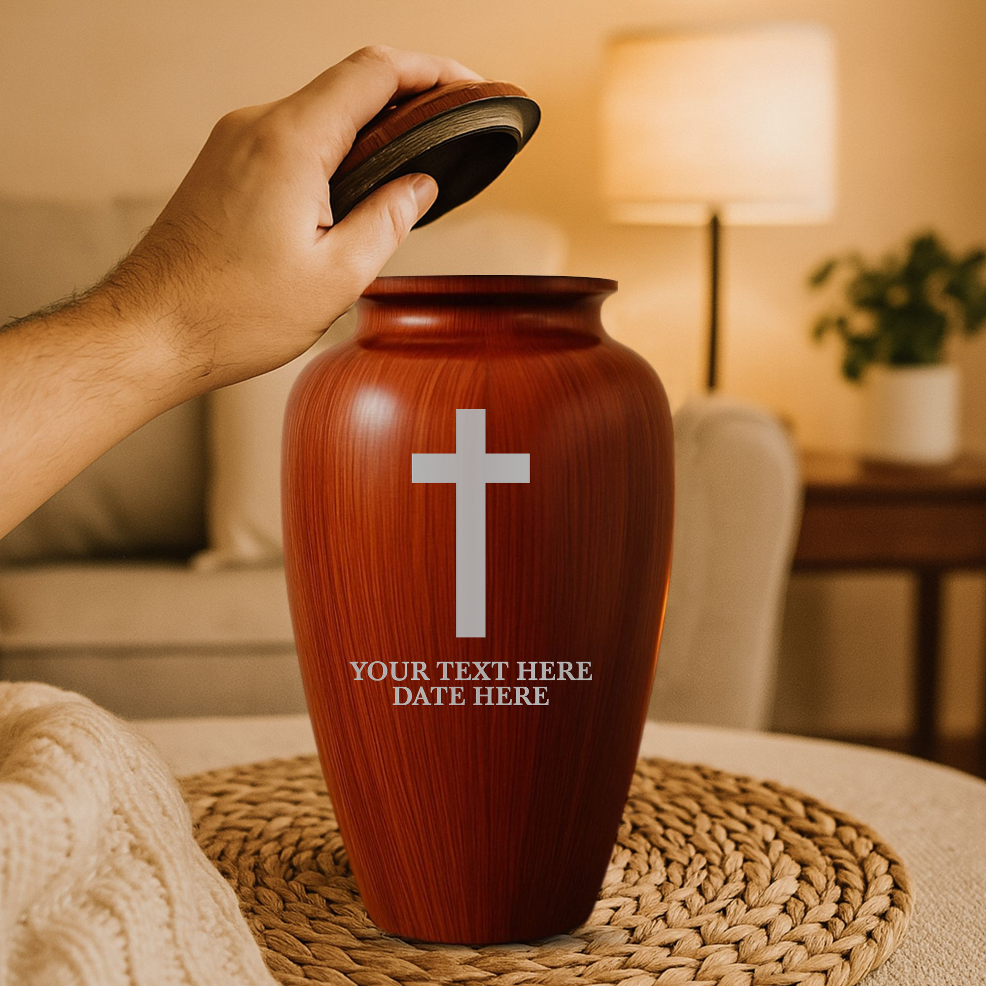Human Cremation Urn - 200 Cubic Inch - Ingrained Wood Style Finish | Cross Design Collection 1