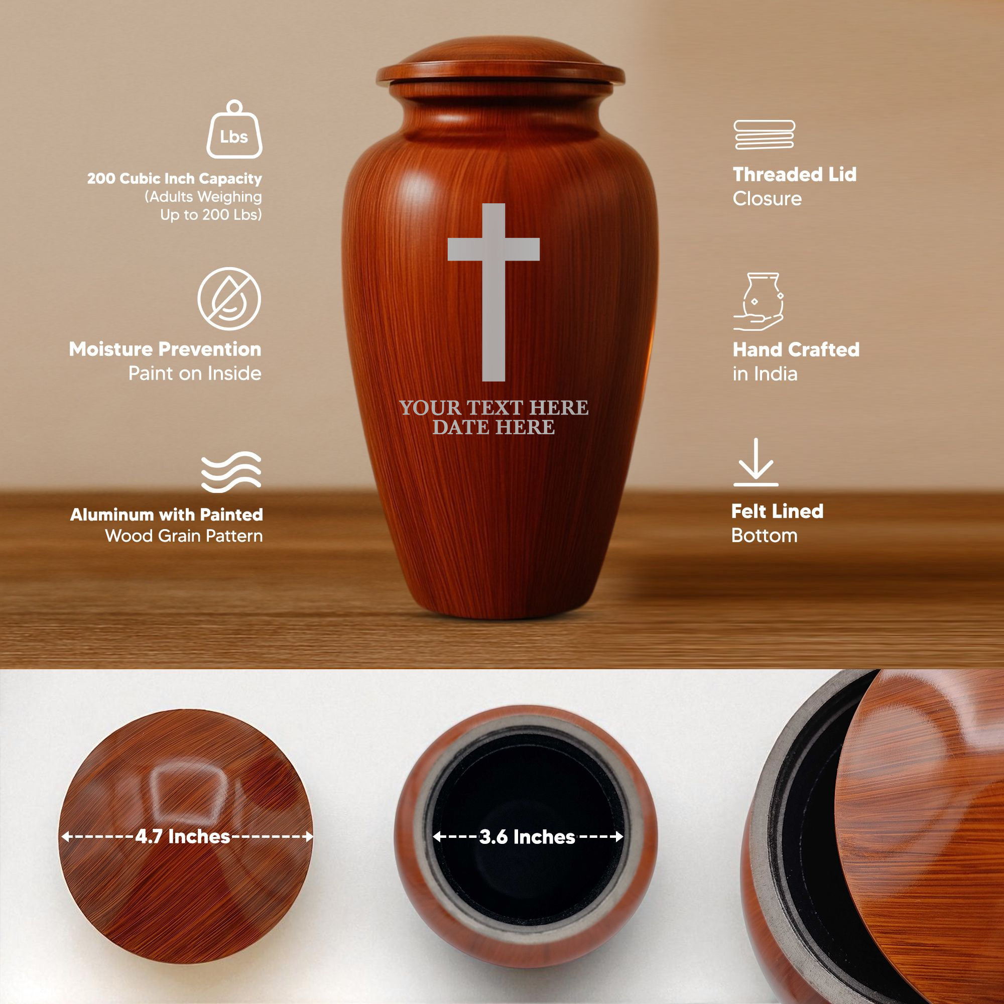 Human Cremation Urn - 200 Cubic Inch - Ingrained Wood Style Finish | Cross Design Collection 1